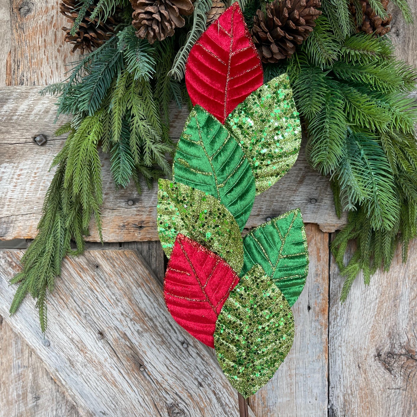 27" Red Green Velvet Leaf Spray, Christmas Spray, Christmas Tree Spray, Christmas Tree Topper