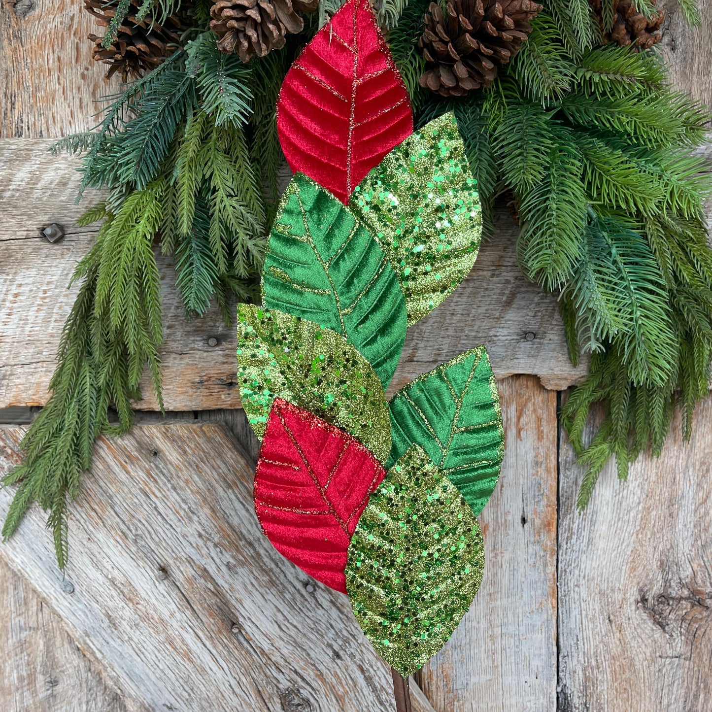 27" Red Green Velvet Leaf Spray, Christmas Spray, Christmas Tree Spray, Christmas Tree Topper