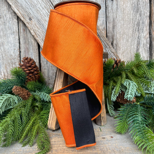 4" Orange Black Ribbon, Halloween Ribbon, Wired Ribbon, Designer RIbbon, Double Sided Ribbon, Dupion