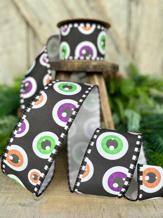 2.5" Eyeball Ribbon, Halloween Ribbon, Wired Ribbon, Spooky Ribbon, Wired Ribbon