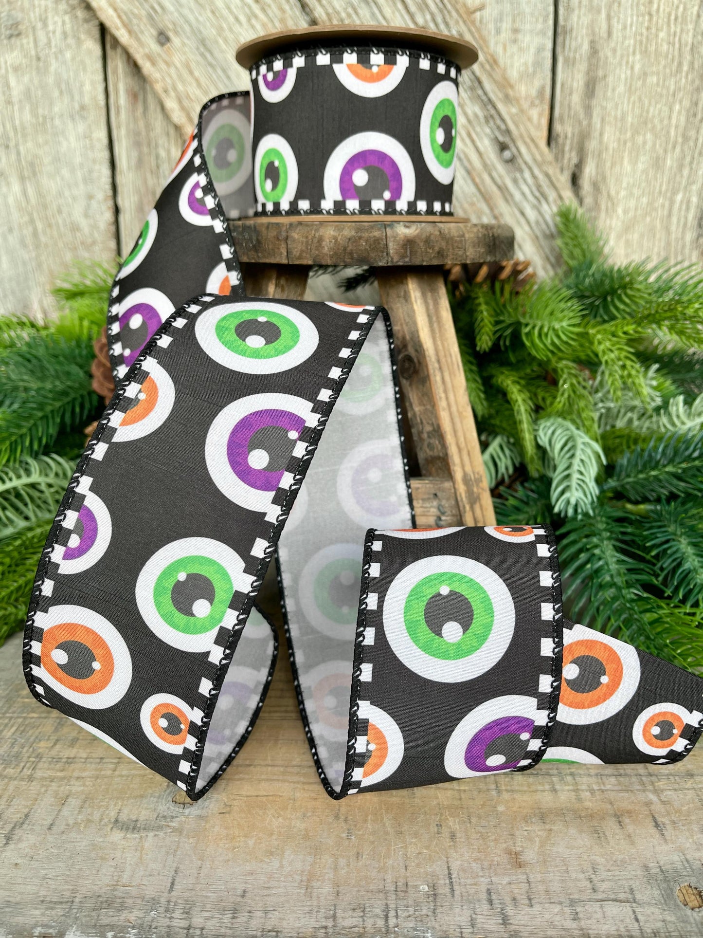 2.5" Eyeball Ribbon, Halloween Ribbon, Wired Ribbon, Spooky Ribbon, Wired Ribbon
