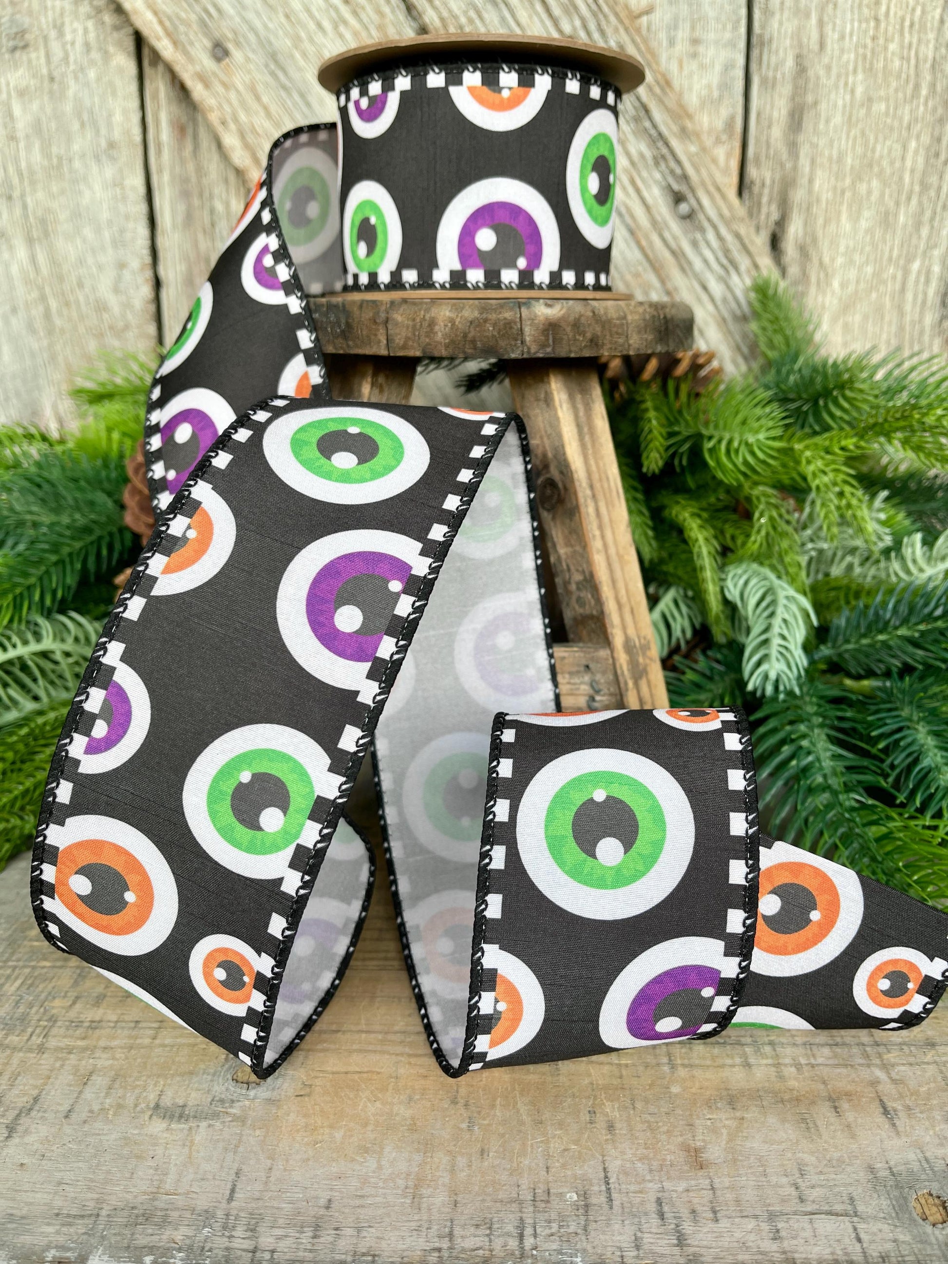 2.5" Eyeball Ribbon, Halloween Ribbon, Wired Ribbon, Spooky Ribbon, Wired Ribbon