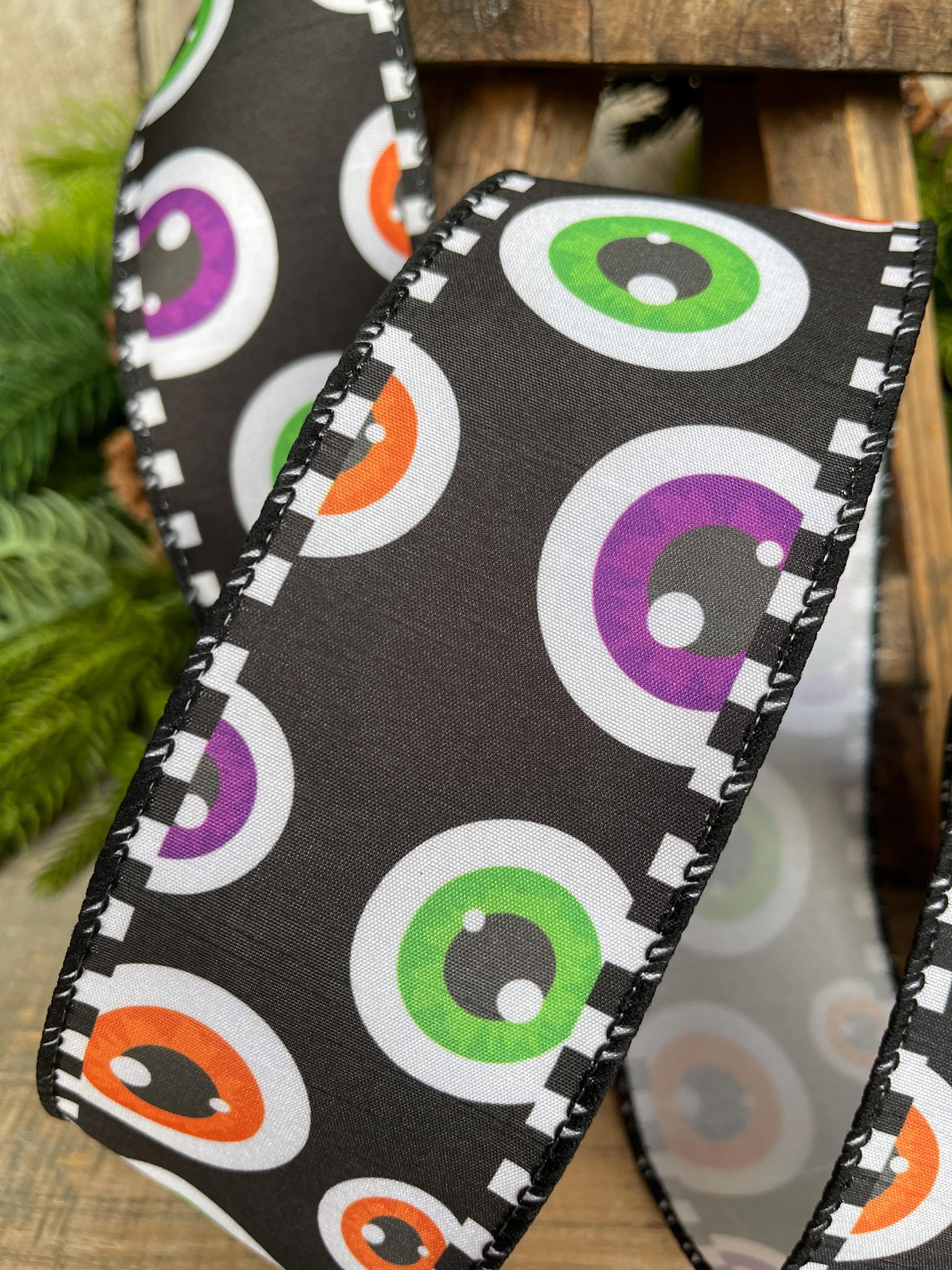 2.5" Eyeball Ribbon, Halloween Ribbon, Wired Ribbon, Spooky Ribbon, Wired Ribbon