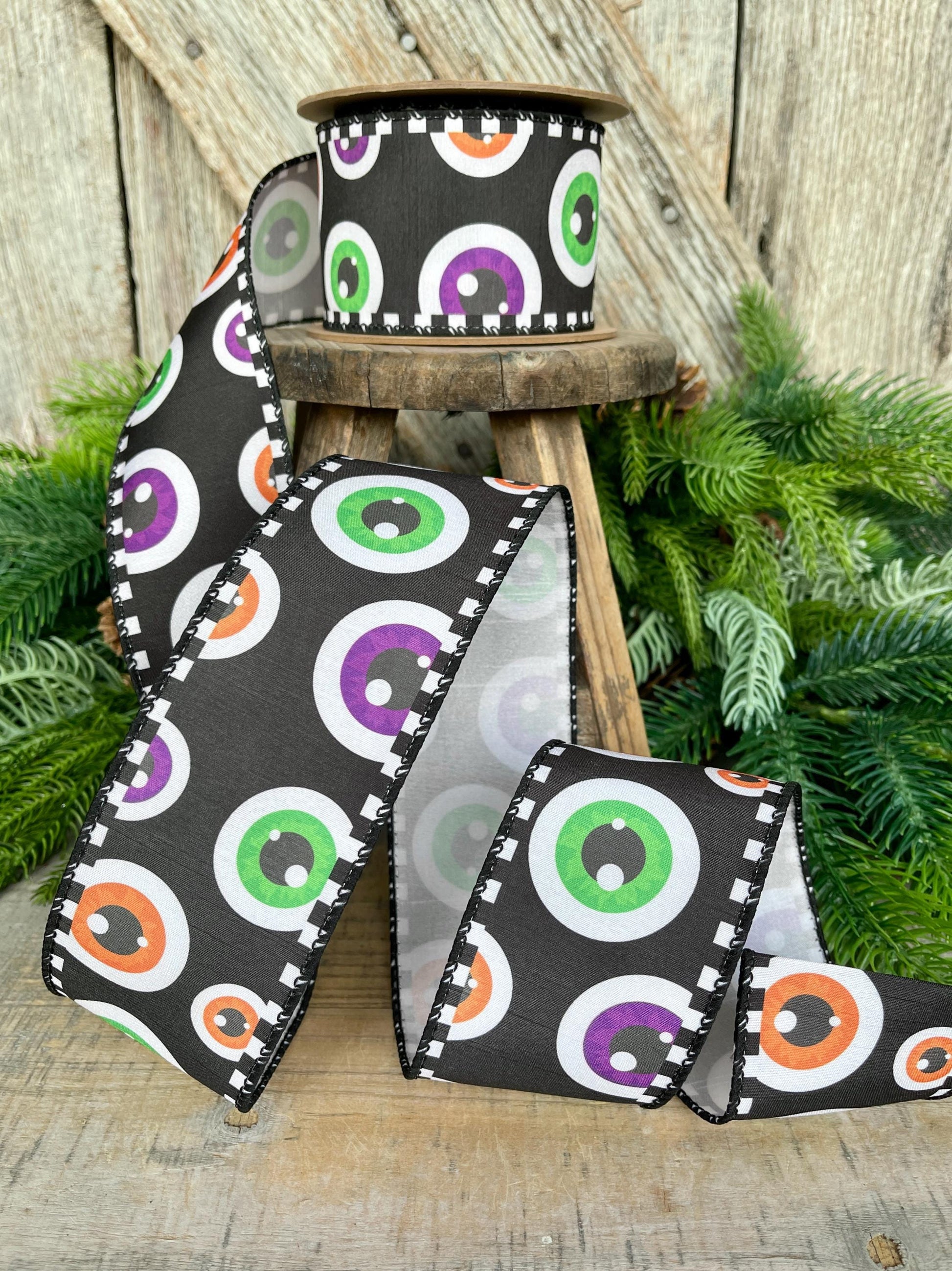 2.5" Eyeball Ribbon, Halloween Ribbon, Wired Ribbon, Spooky Ribbon, Wired Ribbon