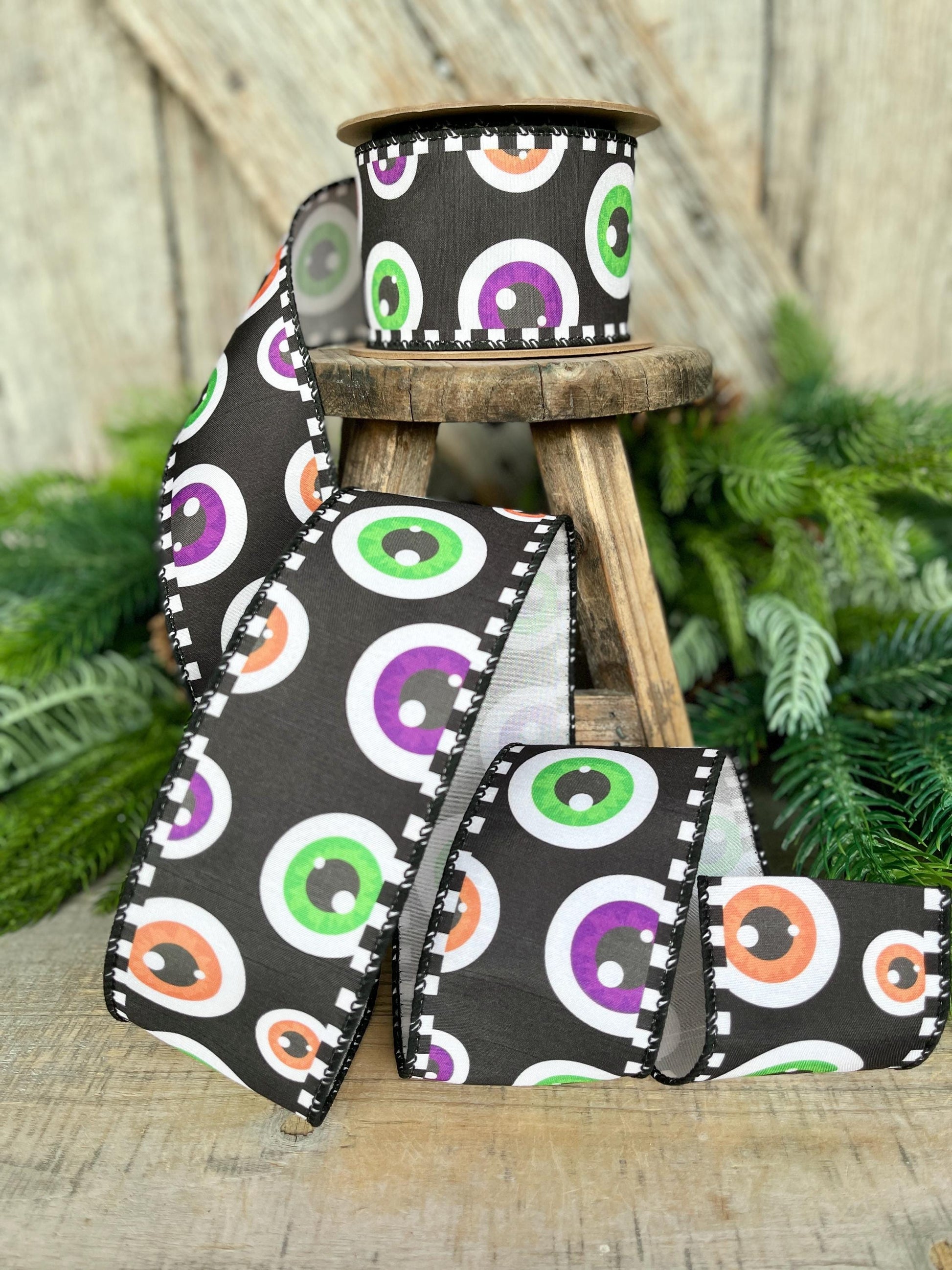 2.5" Eyeball Ribbon, Halloween Ribbon, Wired Ribbon, Spooky Ribbon, Wired Ribbon