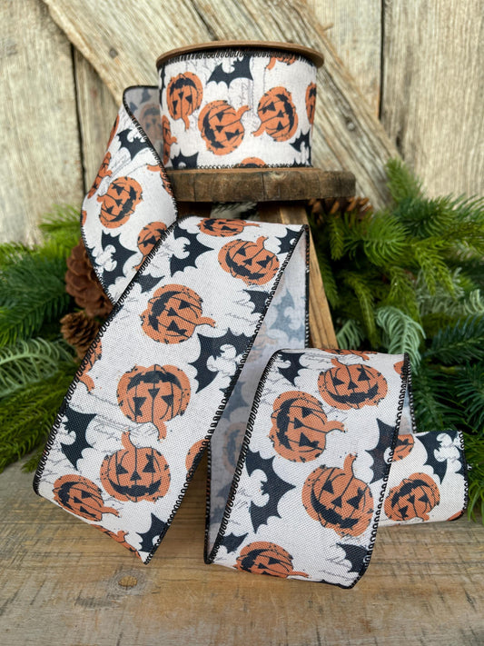 2.5" Halloween Ribbon, Jack o Lantern Ribbon, Pumpkin Ribbon, Wired Ribbon, Designer Ribbon