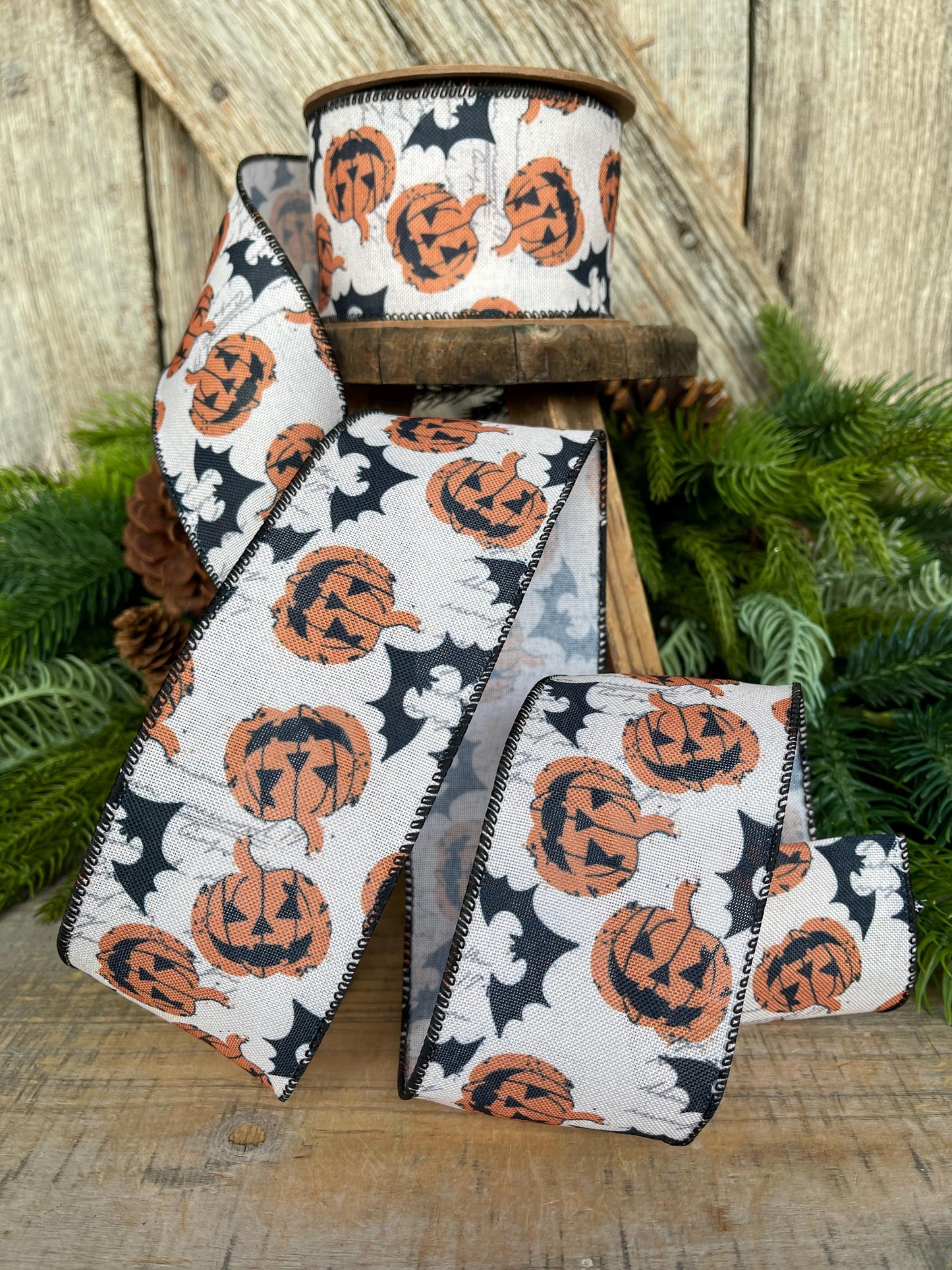 2.5" Halloween Ribbon, Jack o Lantern Ribbon, Pumpkin Ribbon, Wired Ribbon, Designer Ribbon