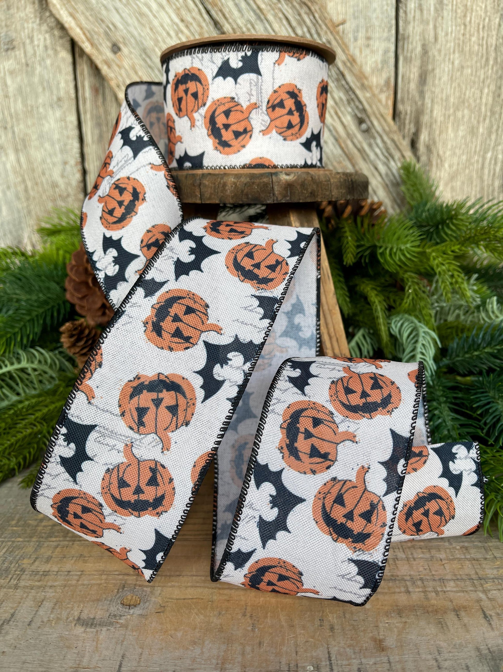 2.5" Halloween Ribbon, Jack o Lantern Ribbon, Pumpkin Ribbon, Wired Ribbon, Designer Ribbon