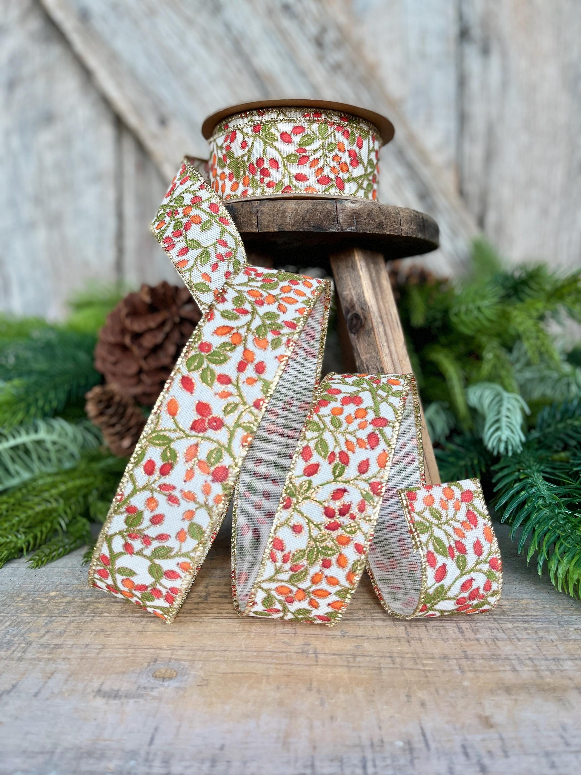 1.5" Fall Berry Ribbon, Fall Ribbon, Wired Ribbon, Orange Berry Ribbon, Autumn Ribbon