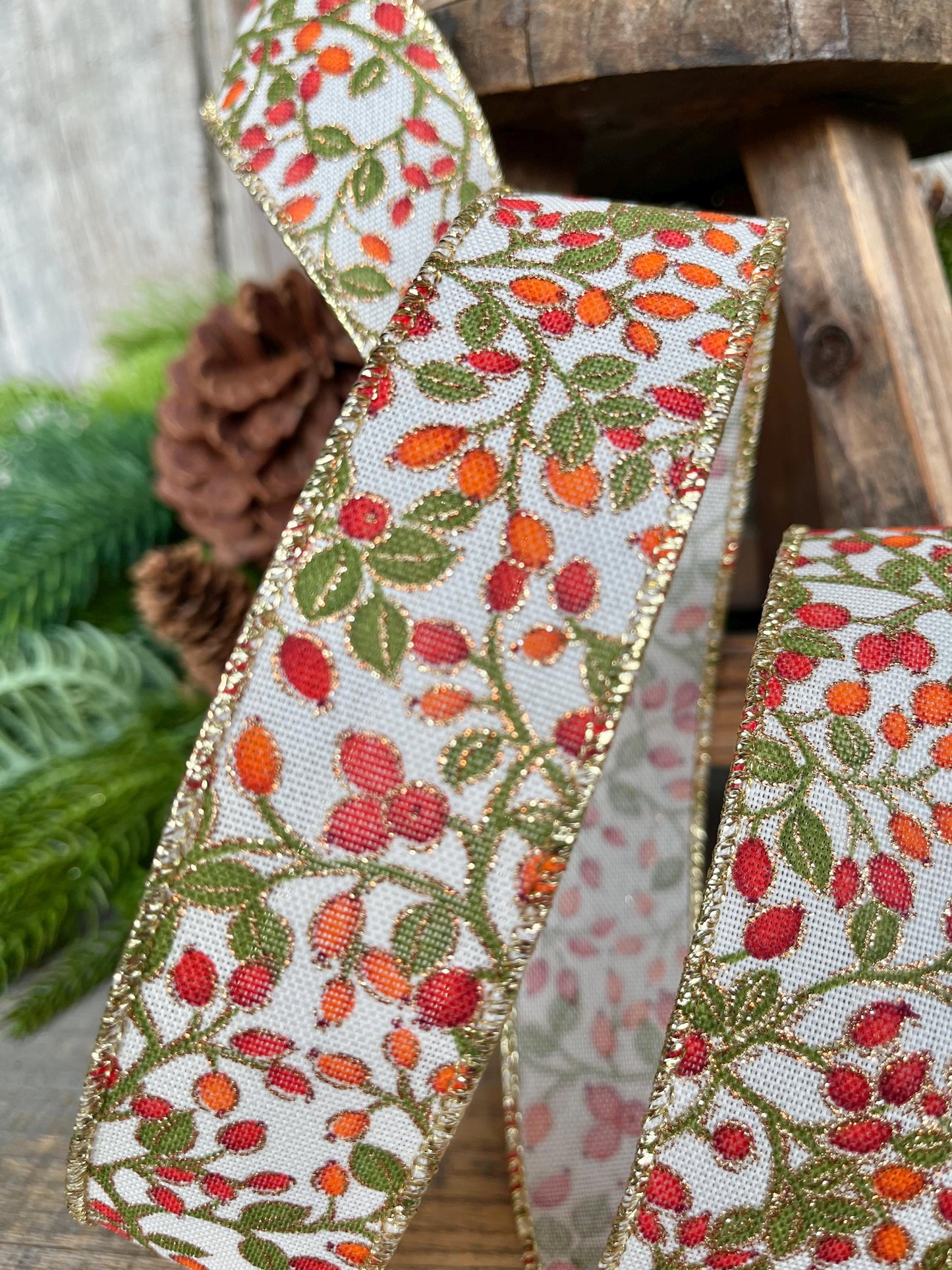 1.5" Fall Berry Ribbon, Fall Ribbon, Wired Ribbon, Orange Berry Ribbon, Autumn Ribbon