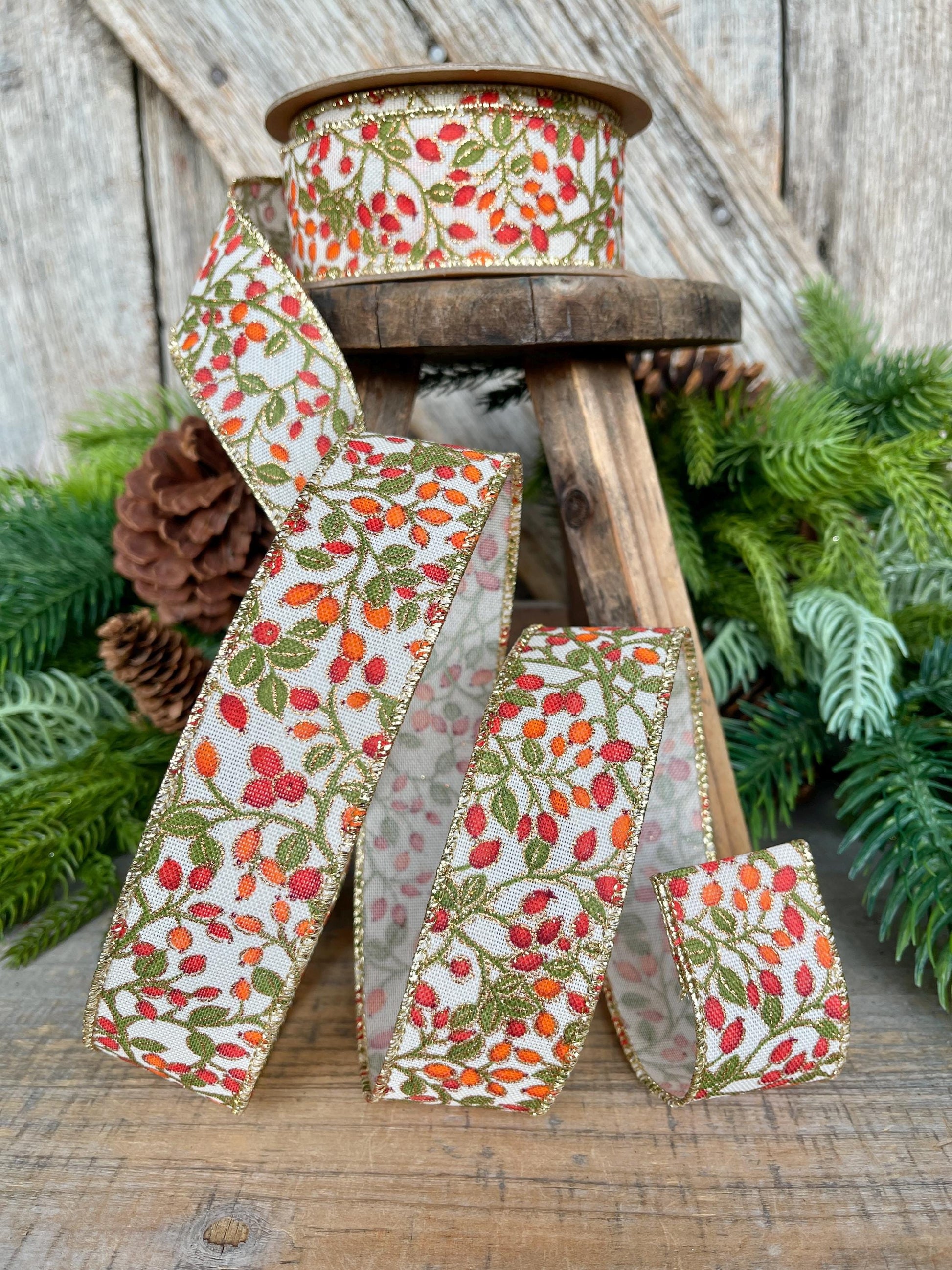 1.5" Fall Berry Ribbon, Fall Ribbon, Wired Ribbon, Orange Berry Ribbon, Autumn Ribbon