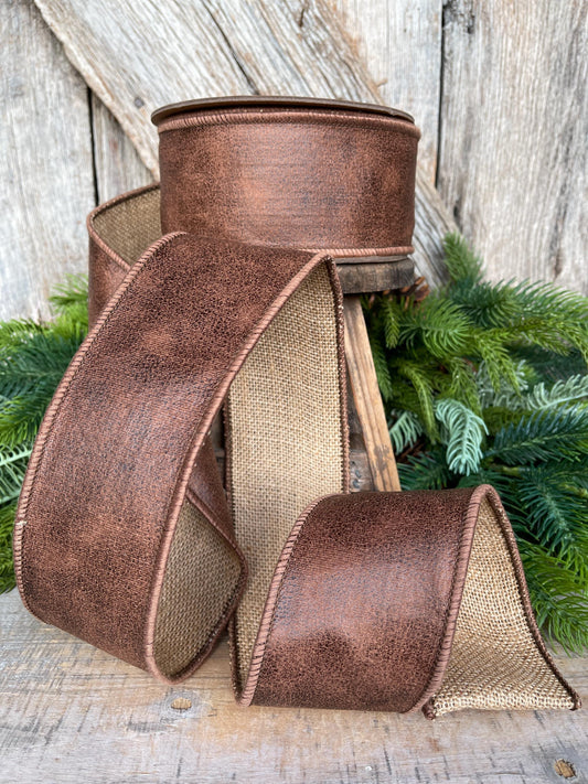 2.5" Brown Leather Ribbon, Wired Ribbon, Rustic Ribbon, Christmas Ribbon, Faux Leather Ribbon