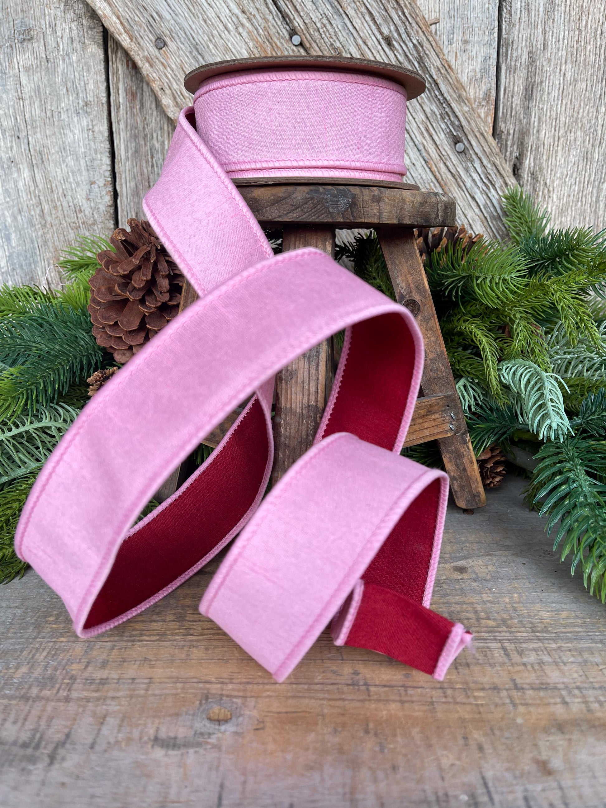 1.5" Pink & Red Ribbon, Doublesided ribbon, Christmas Ribbon, Light Pink Ribbon, Wired RIbbon, Pink Red Ribbon