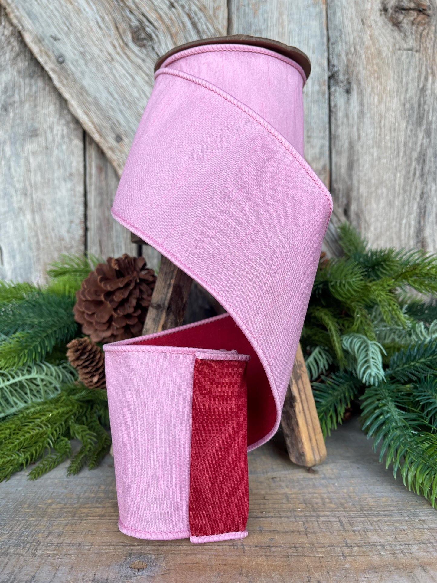 4" Pink & Red Ribbon, Doublesided ribbon, Christmas Ribbon, Light Pink Ribbon, Wired RIbbon, Pink Red Ribbon