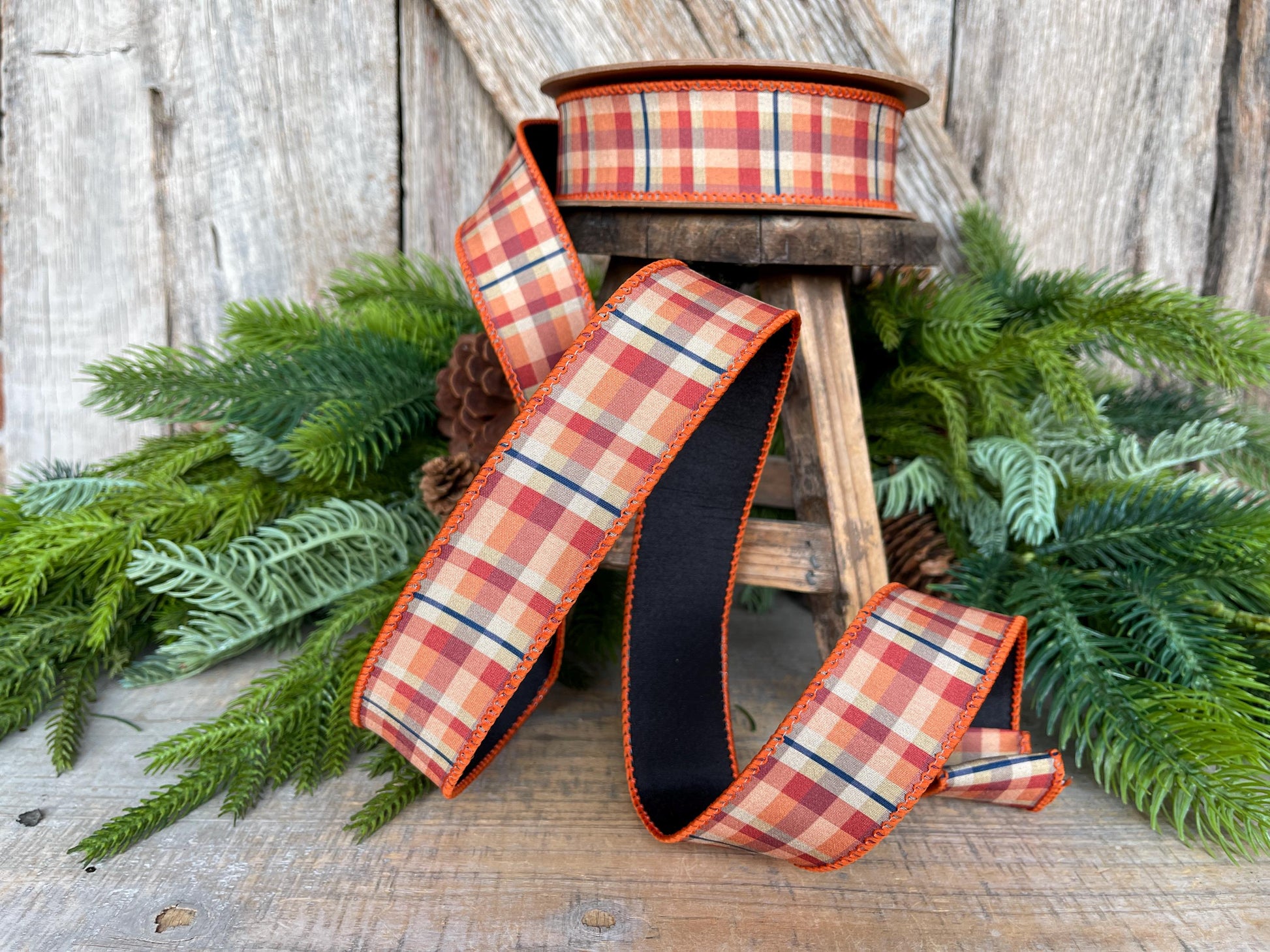 1.5" Fall Plaid Ribbon, Orange Plaid ribbon, Fall Ribbon, Wired Ribbon, Autumn Decor Ribbon