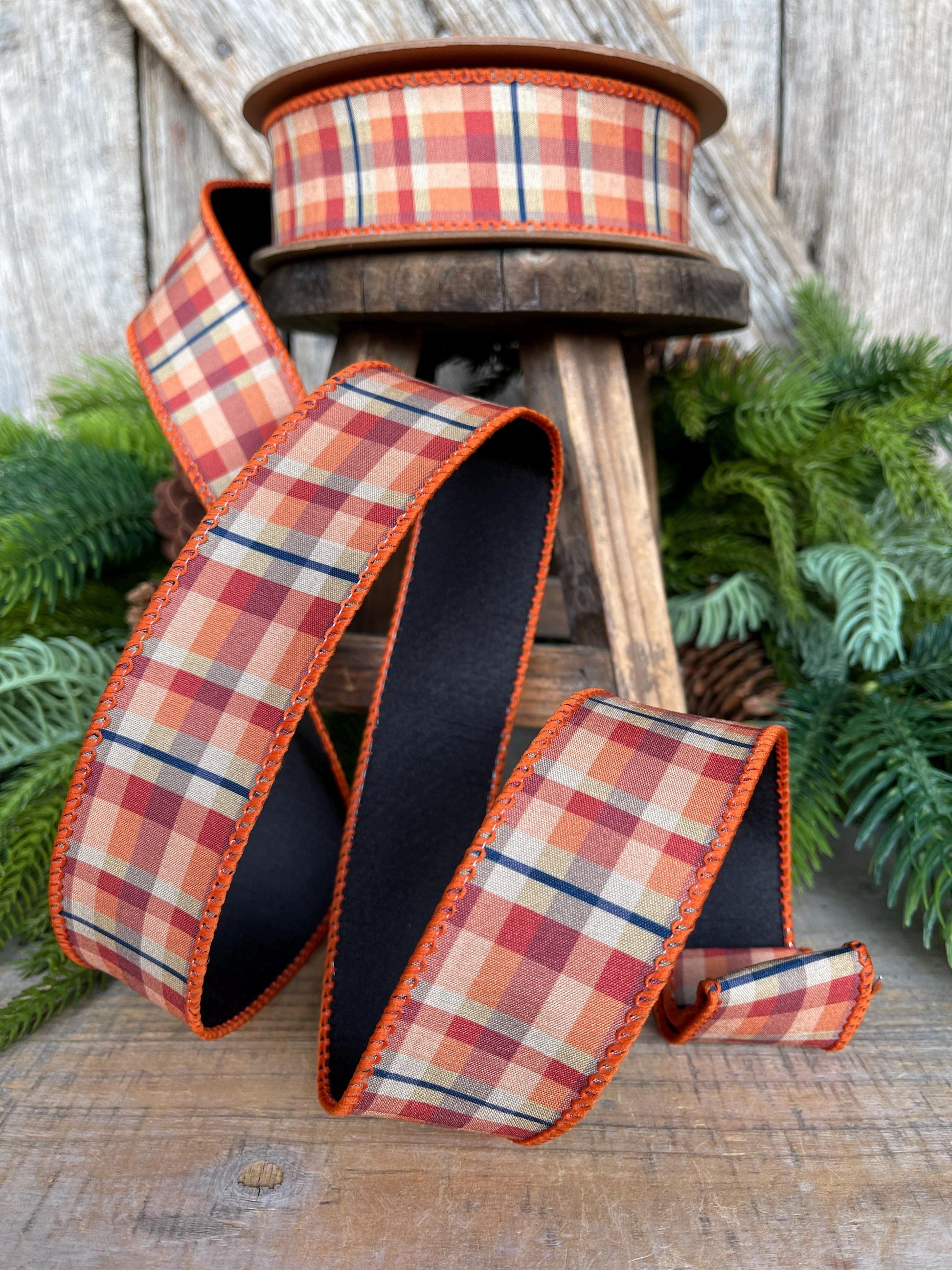 1.5" Fall Plaid Ribbon, Orange Plaid ribbon, Fall Ribbon, Wired Ribbon, Autumn Decor Ribbon