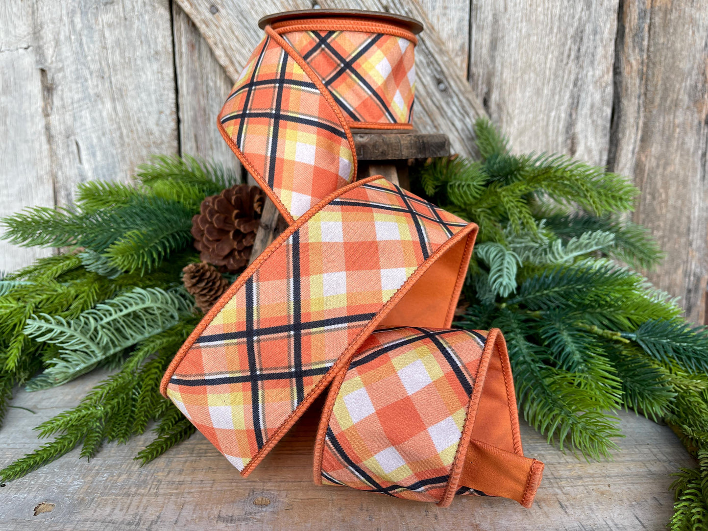 2.5" Candy Corn Plaid Ribbon, Halloween Ribbon, Halloween Plaid Ribbon, Wired Ribbon, Orange Black White Plaid Ribbon