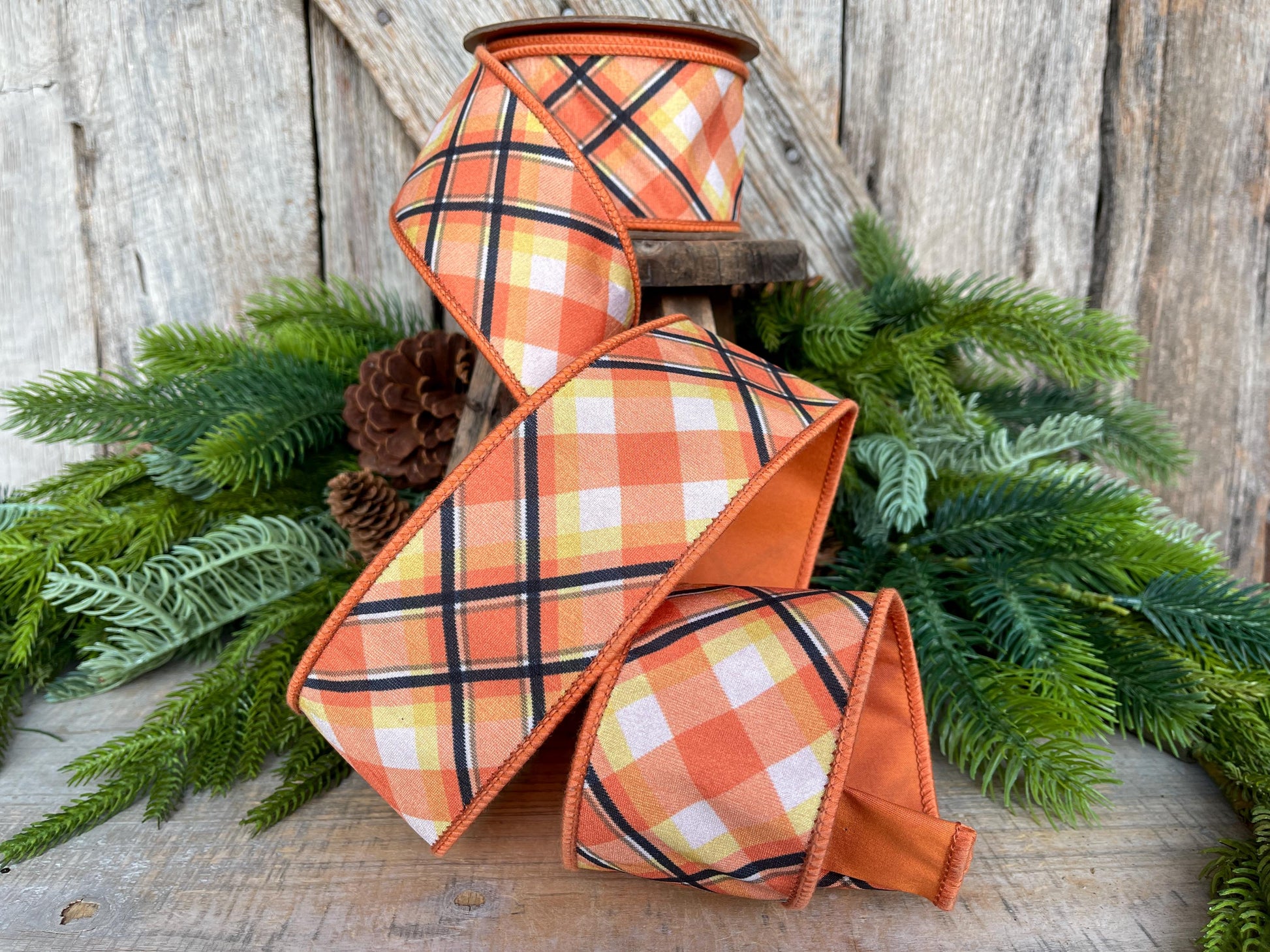 2.5" Candy Corn Plaid Ribbon, Halloween Ribbon, Halloween Plaid Ribbon, Wired Ribbon, Orange Black White Plaid Ribbon