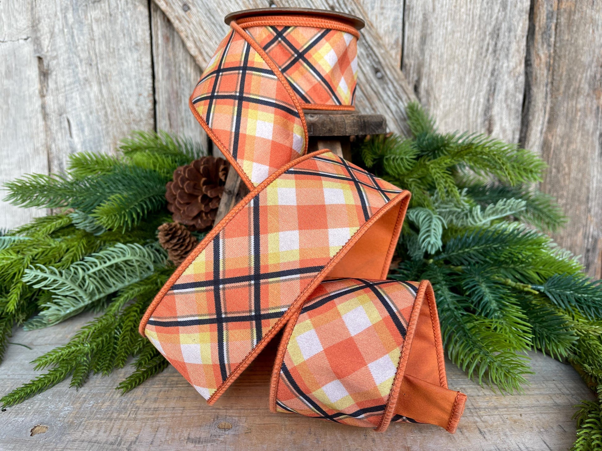 2.5" Candy Corn Plaid Ribbon, Halloween Ribbon, Halloween Plaid Ribbon, Wired Ribbon, Orange Black White Plaid Ribbon