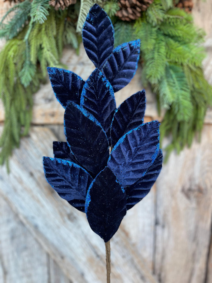 25" Navy Blue Leaf Spray, Blue Velvet Leaf Spray, Christmas Picks Stems