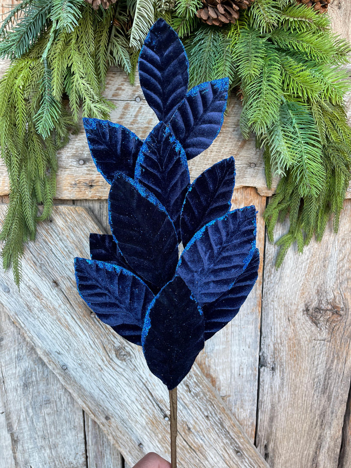 25" Navy Blue Leaf Spray, Blue Velvet Leaf Spray, Christmas Picks Stems