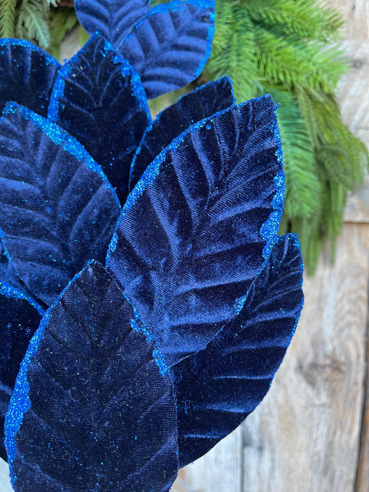 25" Navy Blue Leaf Spray, Blue Velvet Leaf Spray, Christmas Picks Stems