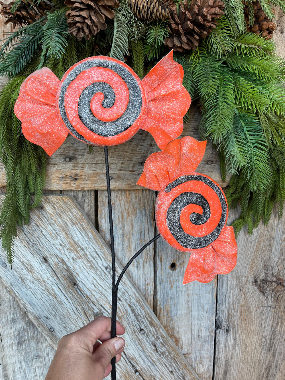 Orange Halloween Candy Lollipop Floral Pick: Orange & Black Candy Spray, 28 inches