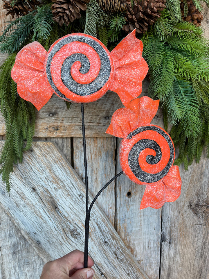 Orange Halloween Candy Lollipop Floral Pick: Orange &amp; Black Candy Spray, 28 inches