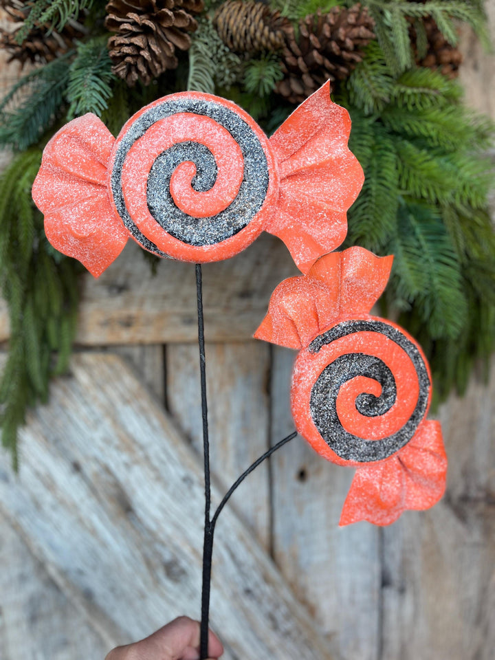 Orange Halloween Candy Lollipop Floral Pick: Orange &amp; Black Candy Spray, 28 inches