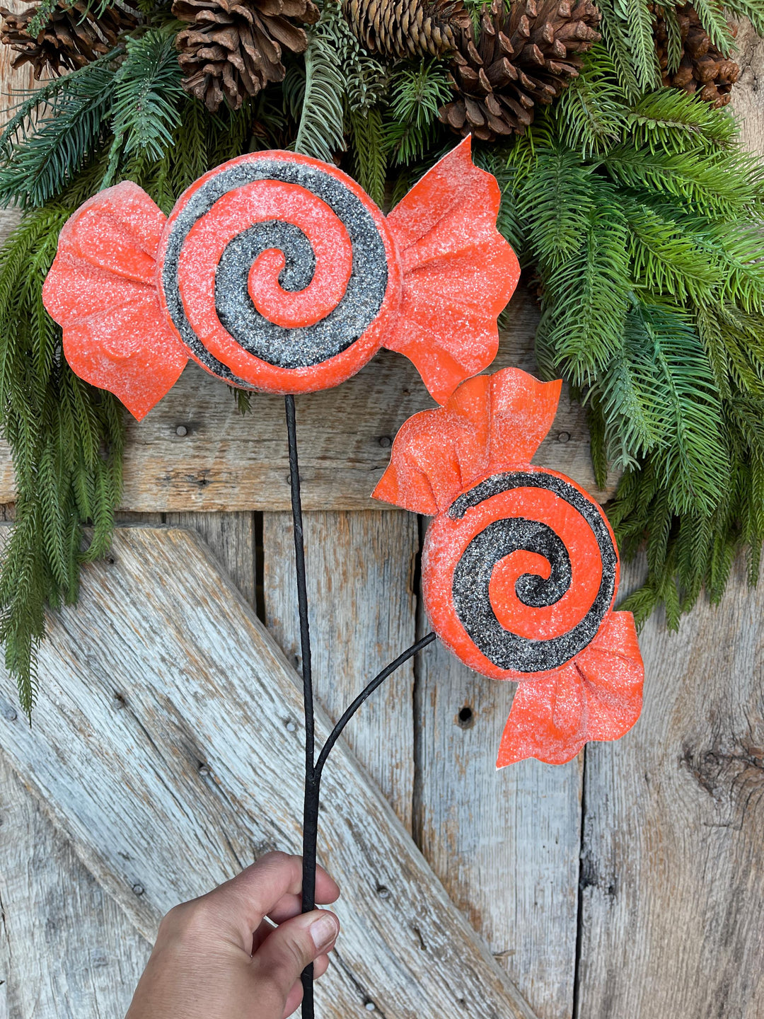 Orange Halloween Candy Lollipop Floral Pick: Orange &amp; Black Candy Spray, 28 inches