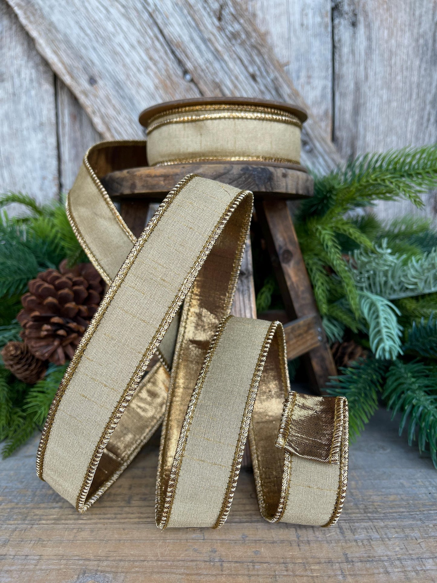 1" Gold Ribbon, Gold Christmas Ribbon, Wired Ribbon, Gold Bronze Ribbon, Wired Ribbon, Gold Ribbon