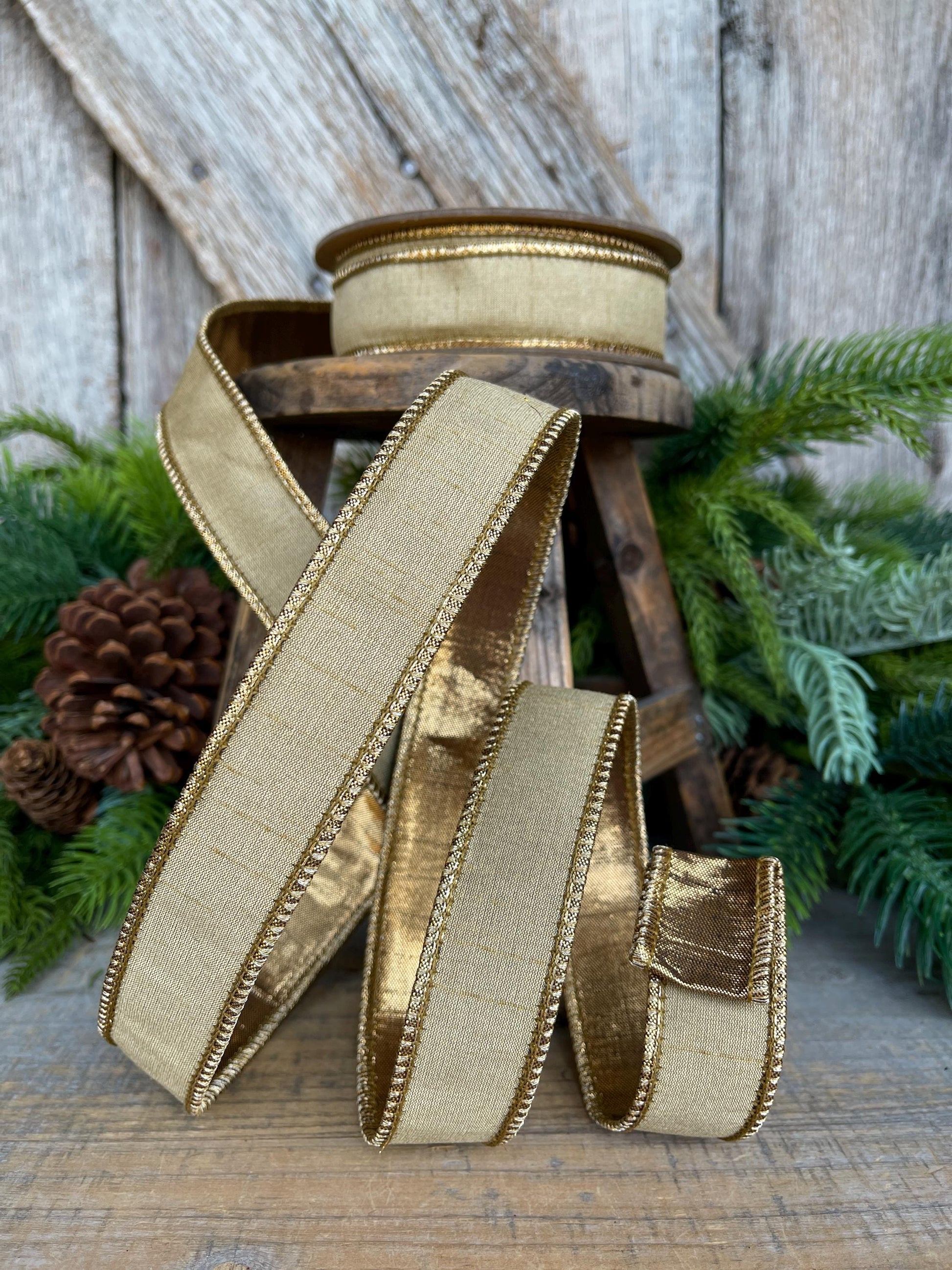1" Gold Ribbon, Gold Christmas Ribbon, Wired Ribbon, Gold Bronze Ribbon, Wired Ribbon, Gold Ribbon