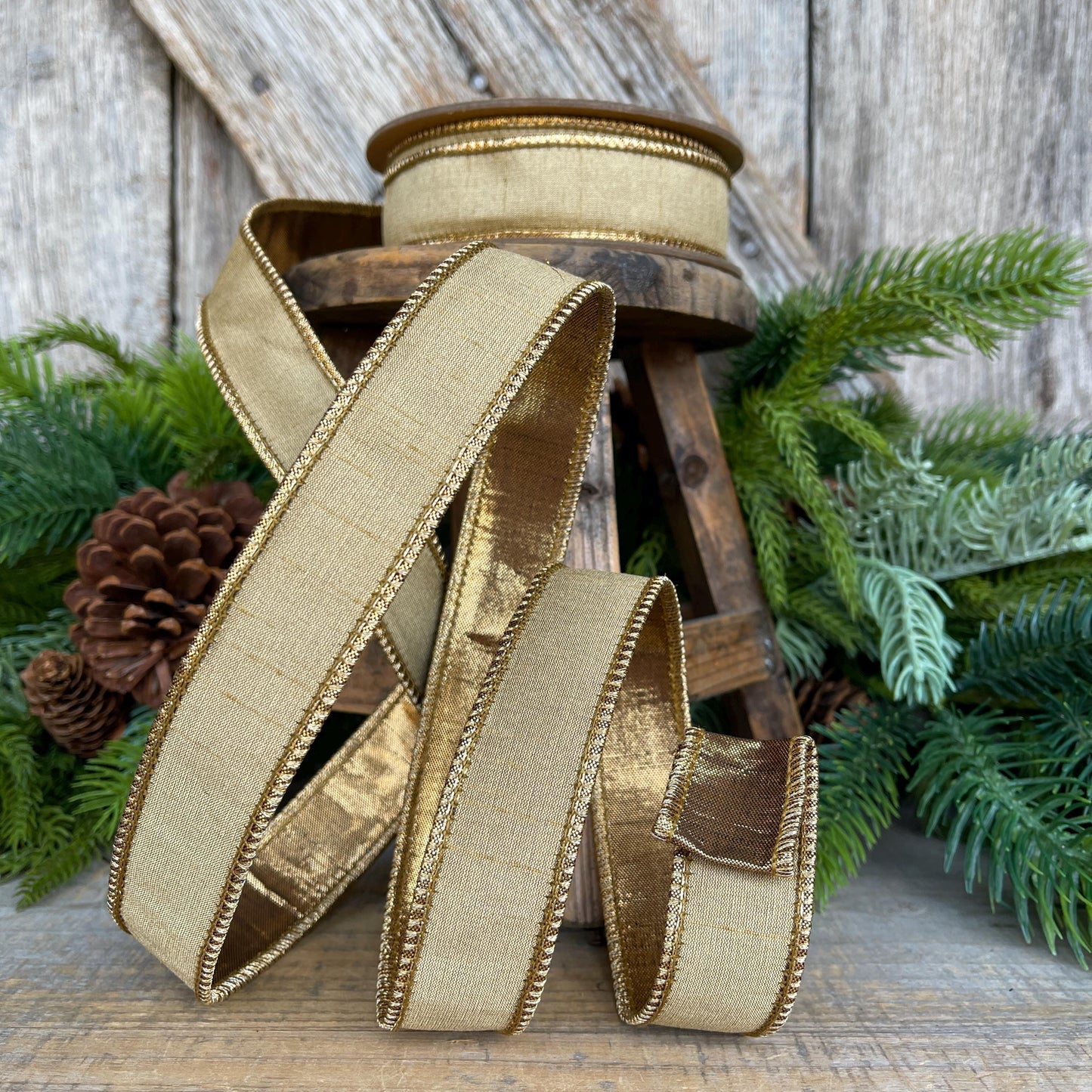 1" Gold Ribbon, Gold Christmas Ribbon, Wired Ribbon, Gold Bronze Ribbon, Wired Ribbon, Gold Ribbon