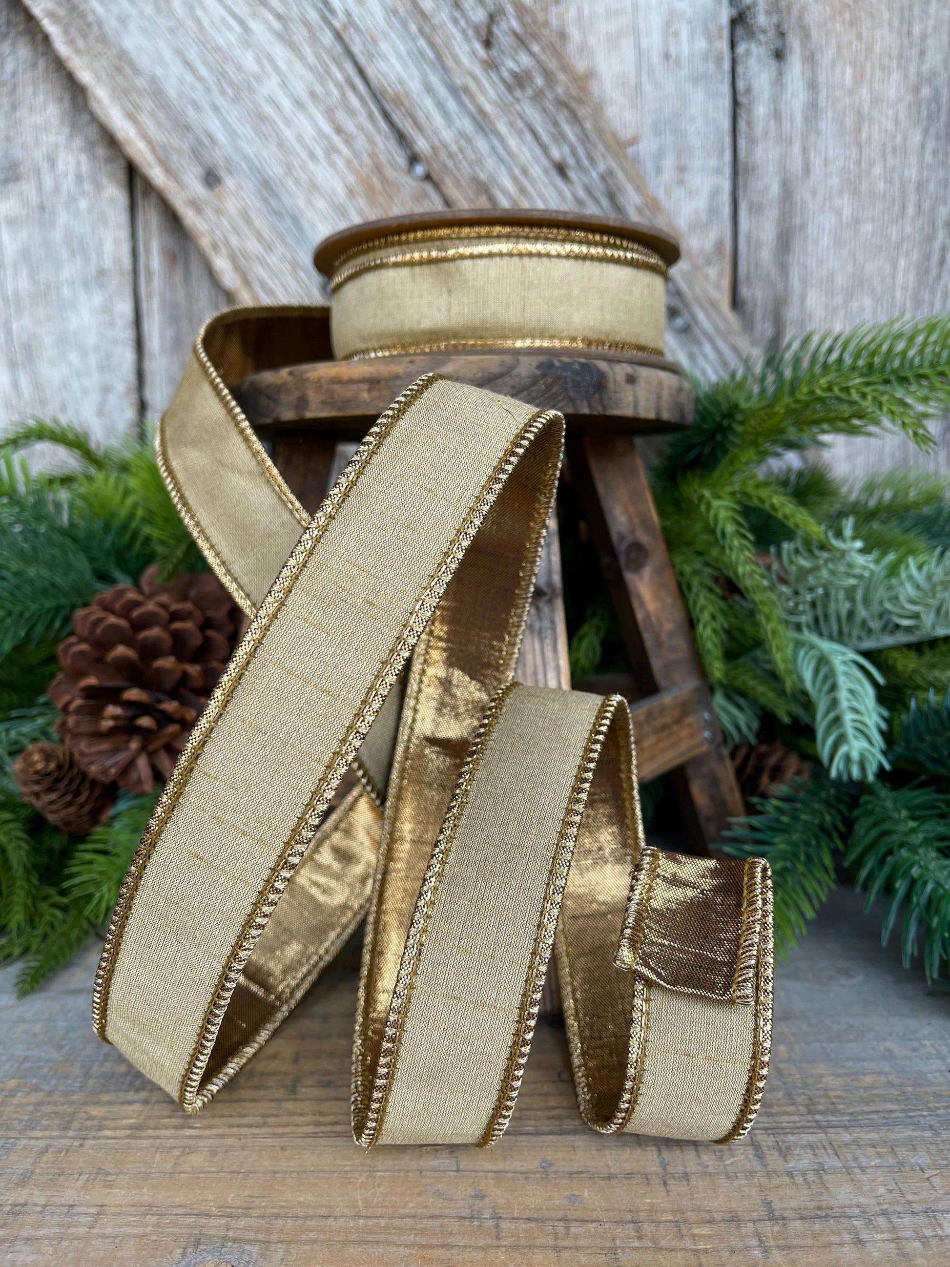 1" Gold Ribbon, Gold Christmas Ribbon, Wired Ribbon, Gold Bronze Ribbon, Wired Ribbon, Gold Ribbon