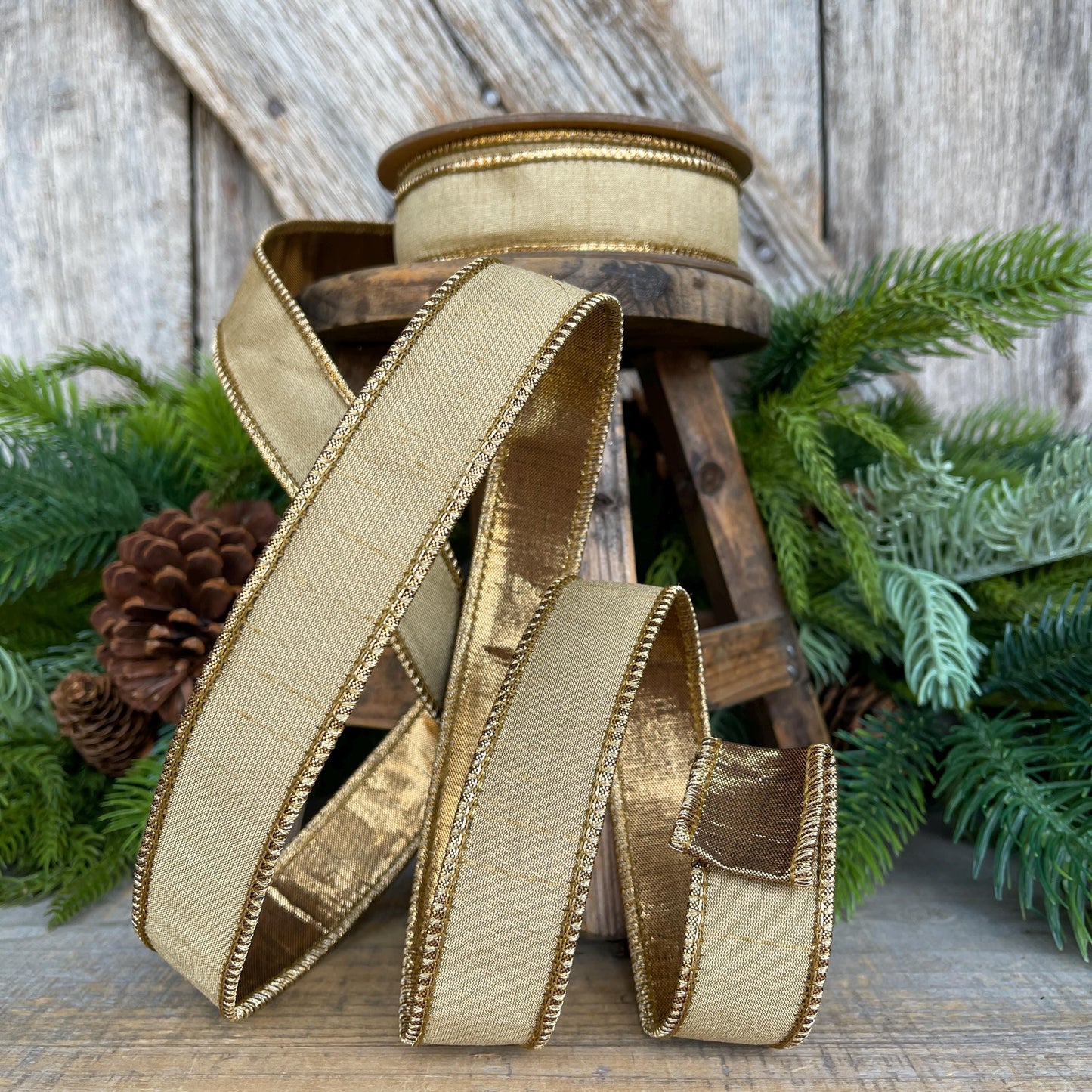 1" Gold Ribbon, Gold Christmas Ribbon, Wired Ribbon, Gold Bronze Ribbon, Wired Ribbon, Gold Ribbon