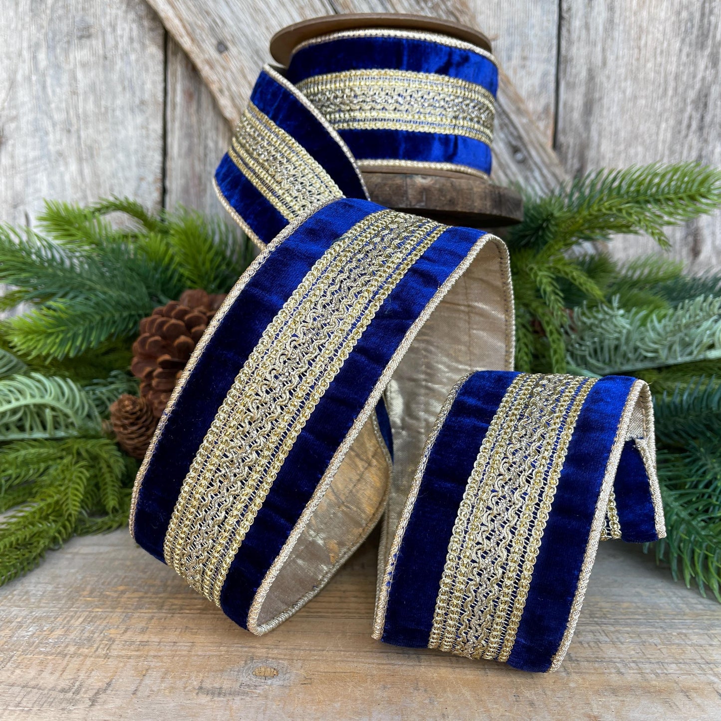2.5" Blue and Gold Trim Ribbon, Royal Blue Ribbon, Wired Ribbon