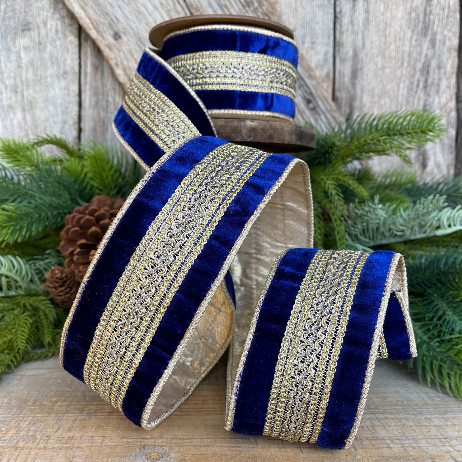2.5" Blue and Gold Trim Ribbon, Royal Blue Ribbon, Wired Ribbon