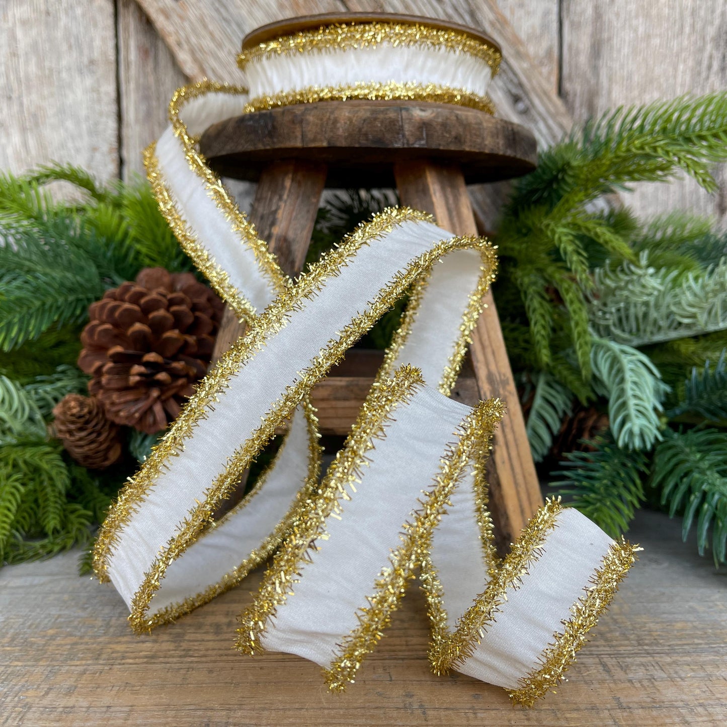 1" Ivory Gold Ribbon, Ivory & Gold Tinsel Ribbon, Christmas RIbbon, Ivory Ribbon, Designer Ribbon,Gift Wrap Ribbon