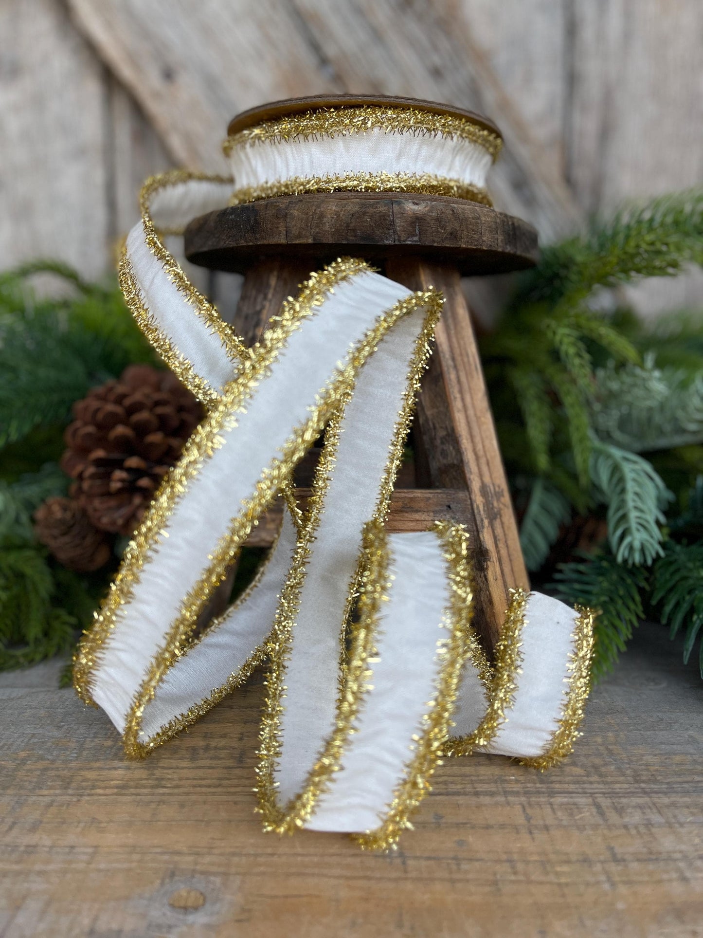 1" Ivory Gold Ribbon, Ivory & Gold Tinsel Ribbon, Christmas RIbbon, Ivory Ribbon, Designer Ribbon,Gift Wrap Ribbon