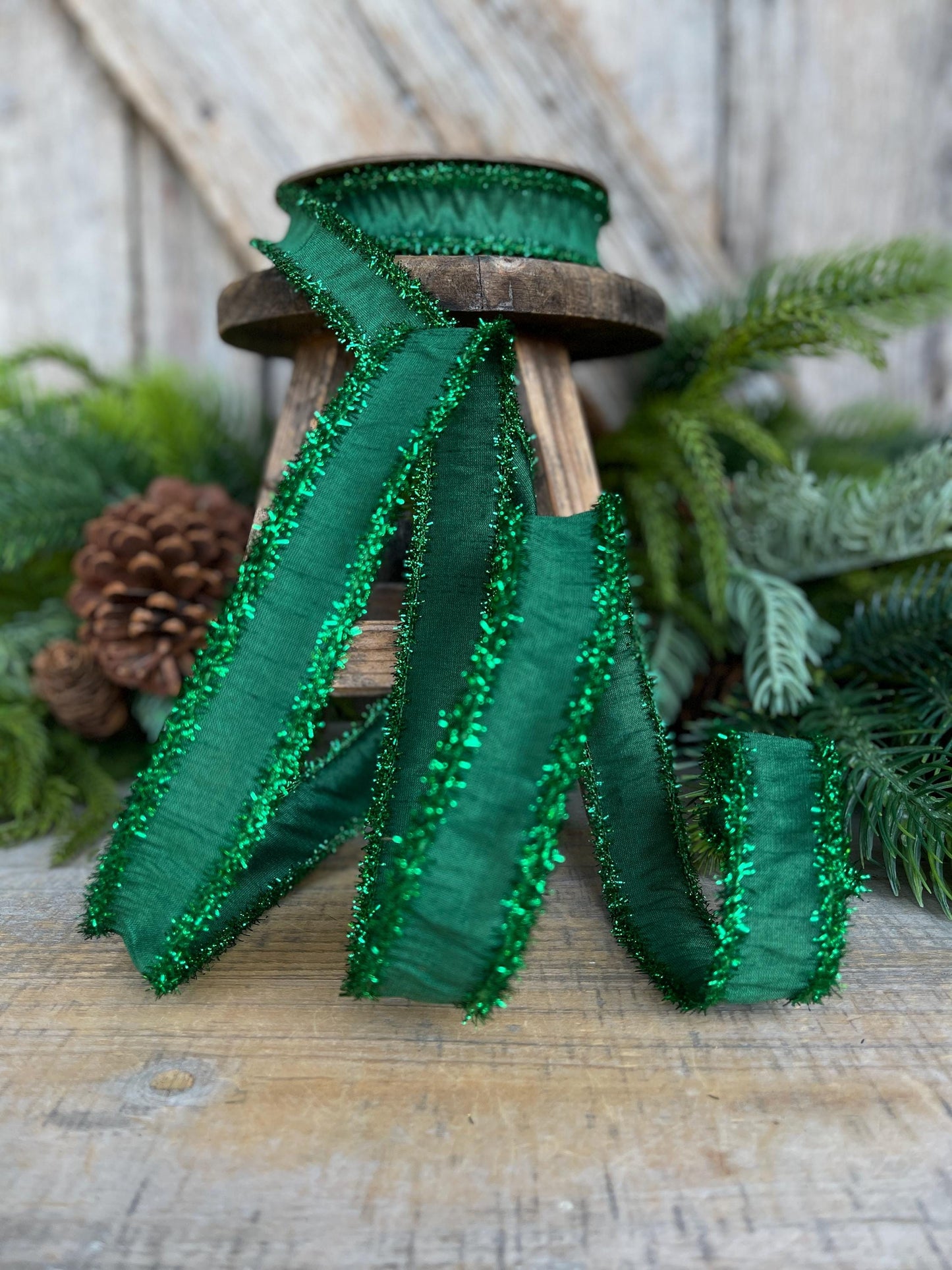 1" Emerald Green Tinsel Ribbon, Christmas Ribbon, Green Ribbon, Tinsel Ribbon, Green Wired Ribbon