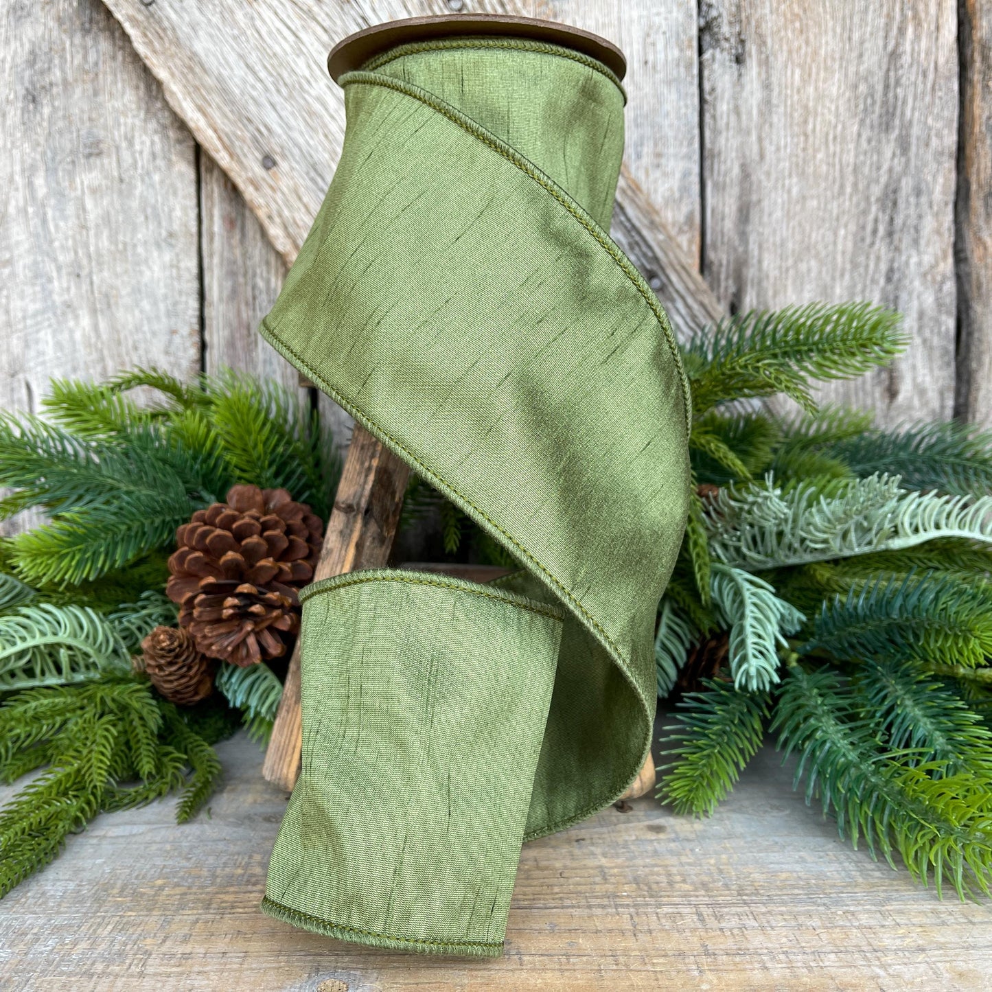 4" Dark Moss Green Ribbon, Wired RIbbon, Olive Green Ribbon, Christmas Ribbon, Wide Ribbon