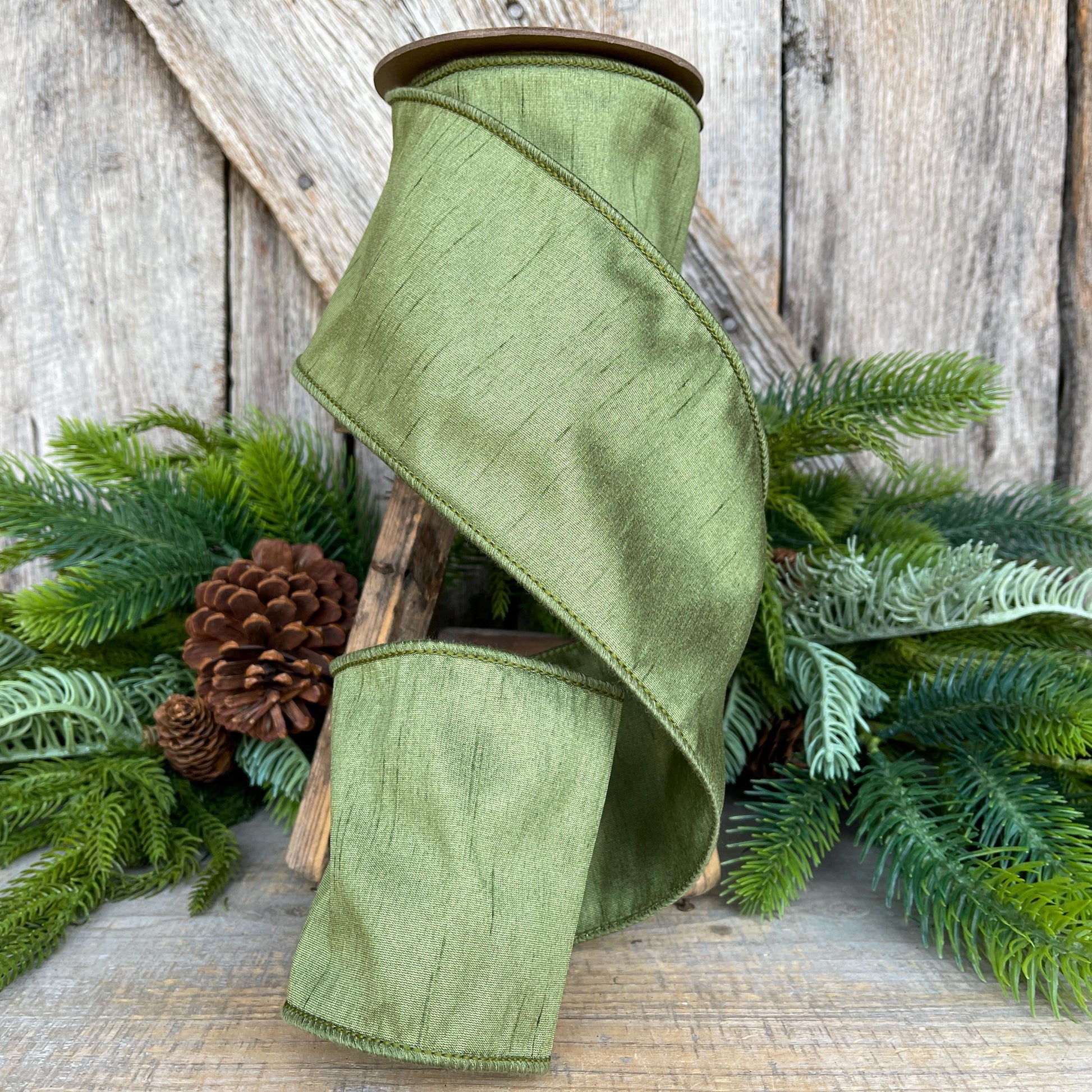 4" Dark Moss Green Ribbon, Wired RIbbon, Olive Green Ribbon, Christmas Ribbon, Wide Ribbon