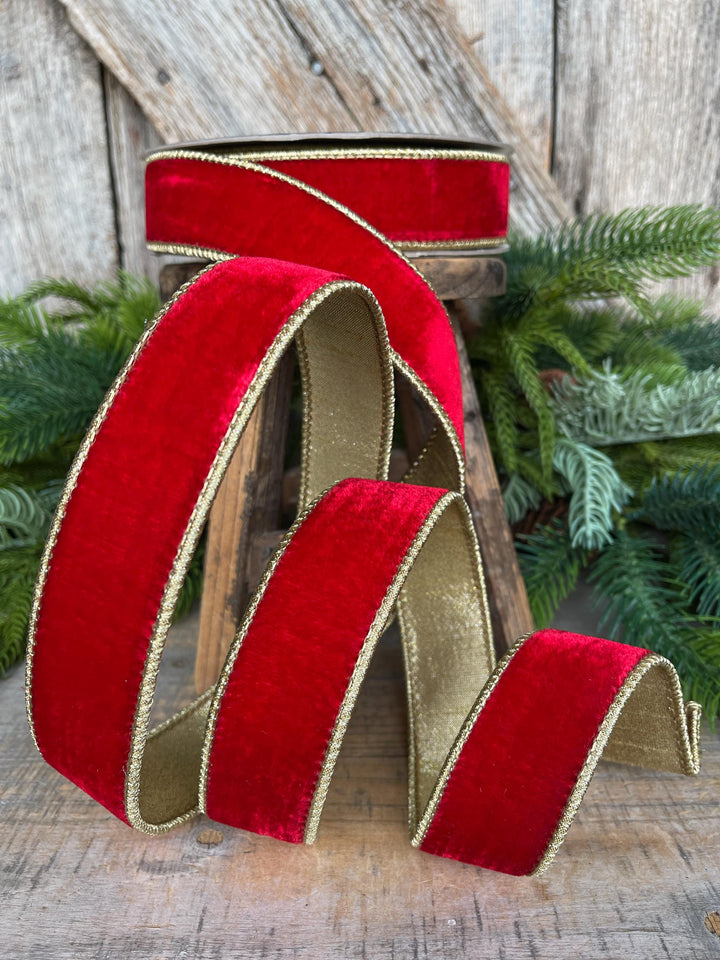 Red &amp; Gold Velvet Wired Ribbon: 1.5" Farrisilk Christmas Ribbon