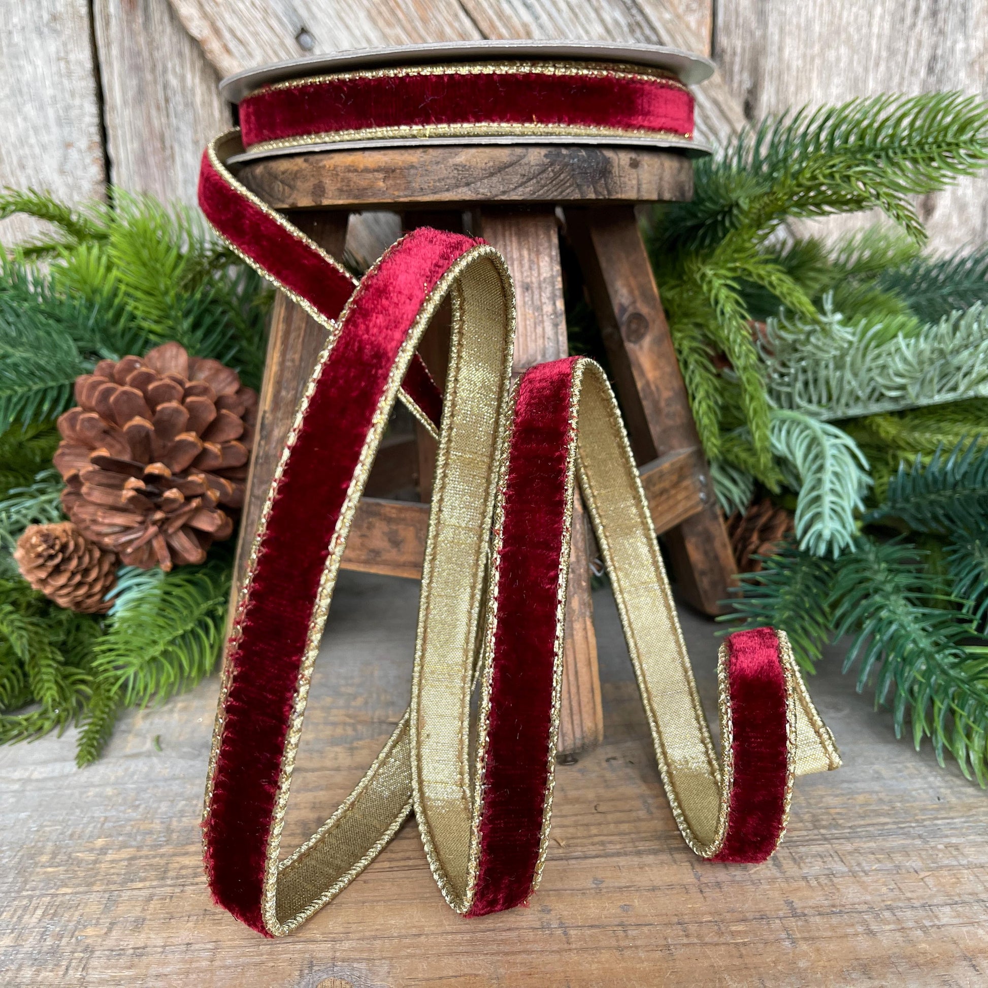 3/4” Burgundy Flashy Velvet Ribbon, Farrisilk ribbon, Burgundy & Gold Velvet Ribbon, Christmas Ribbon