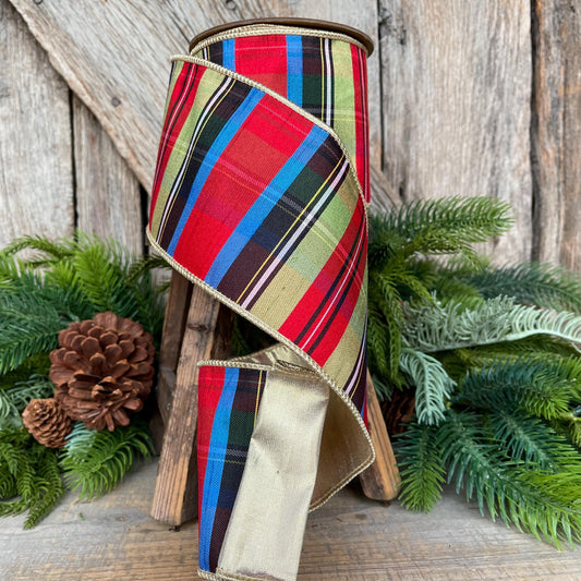Nutcracker Plaid Wired Ribbon - Christmas Tree Ribbon, 4" x 10 Yards