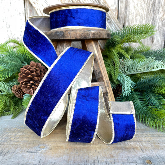 1.5" Cobalt Blue Velvet Ribbon, Royal Blue Velvet Ribbon, Blue and Gold Velvet Ribbon, Blue Christmas Ribbon, Wired Ribbon