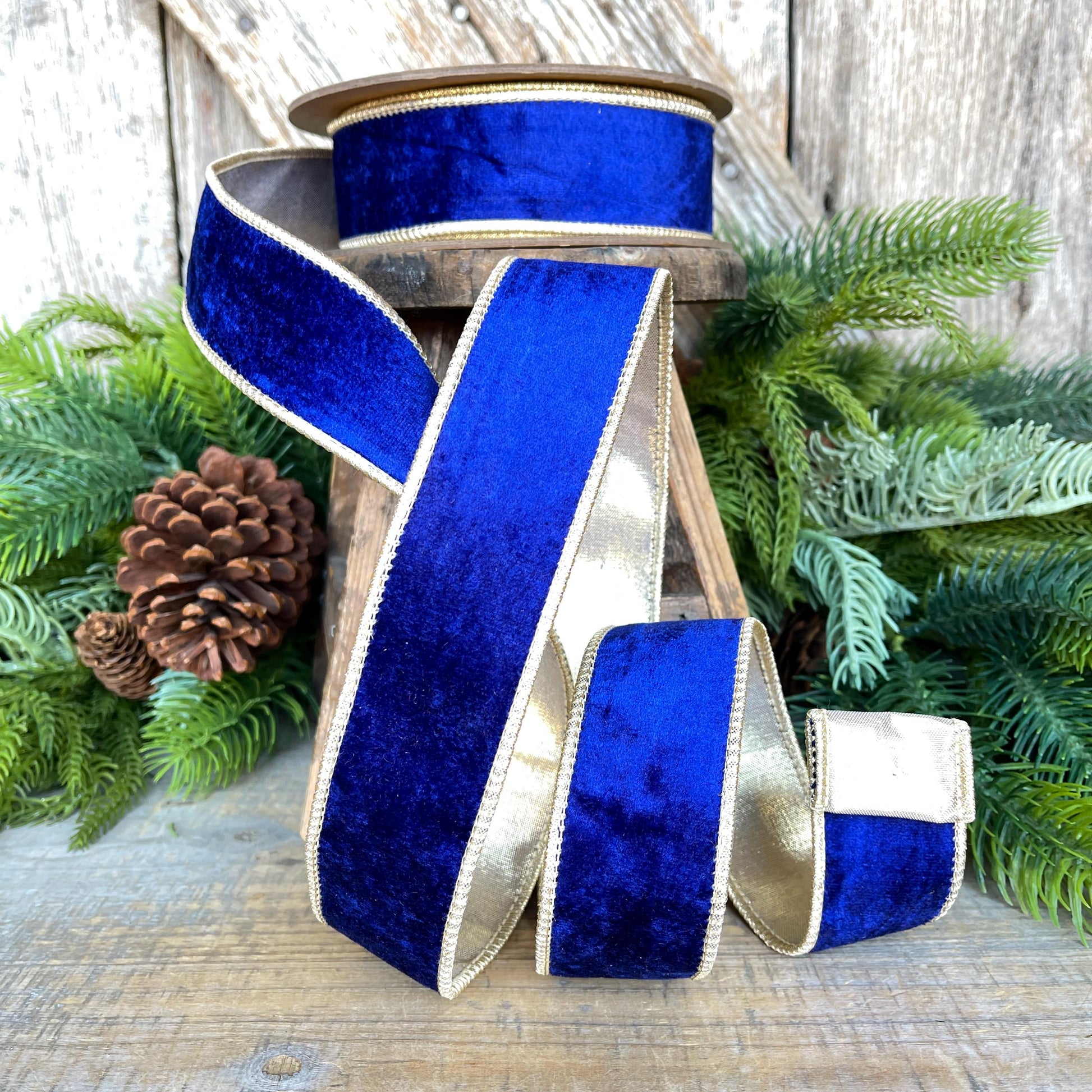 1.5" Cobalt Blue Velvet Ribbon, Royal Blue Velvet Ribbon, Blue and Gold Velvet Ribbon, Blue Christmas Ribbon, Wired Ribbon
