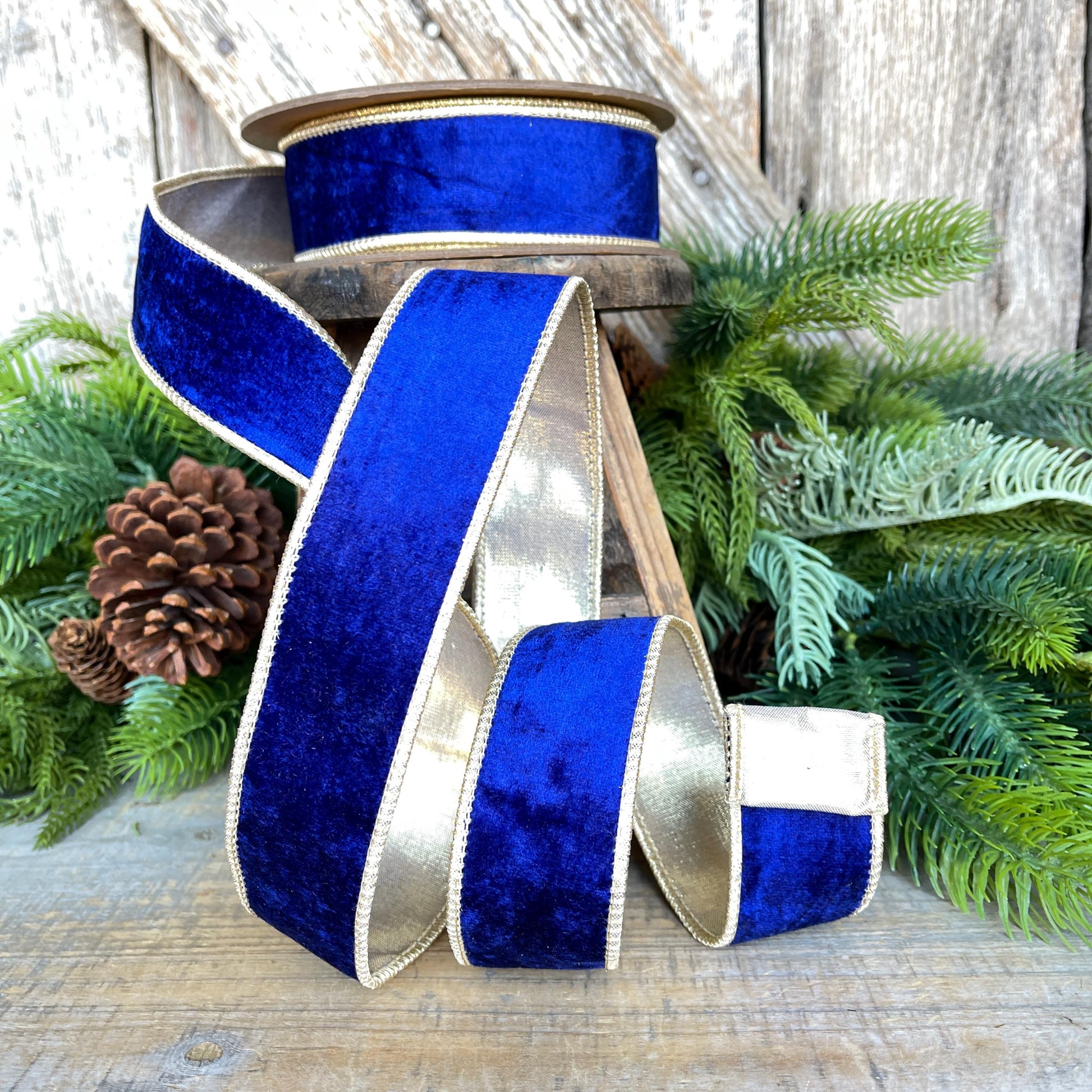 1.5" Cobalt Blue Velvet Ribbon, Royal Blue Velvet Ribbon, Blue and Gold Velvet Ribbon, Blue Christmas Ribbon, Wired Ribbon