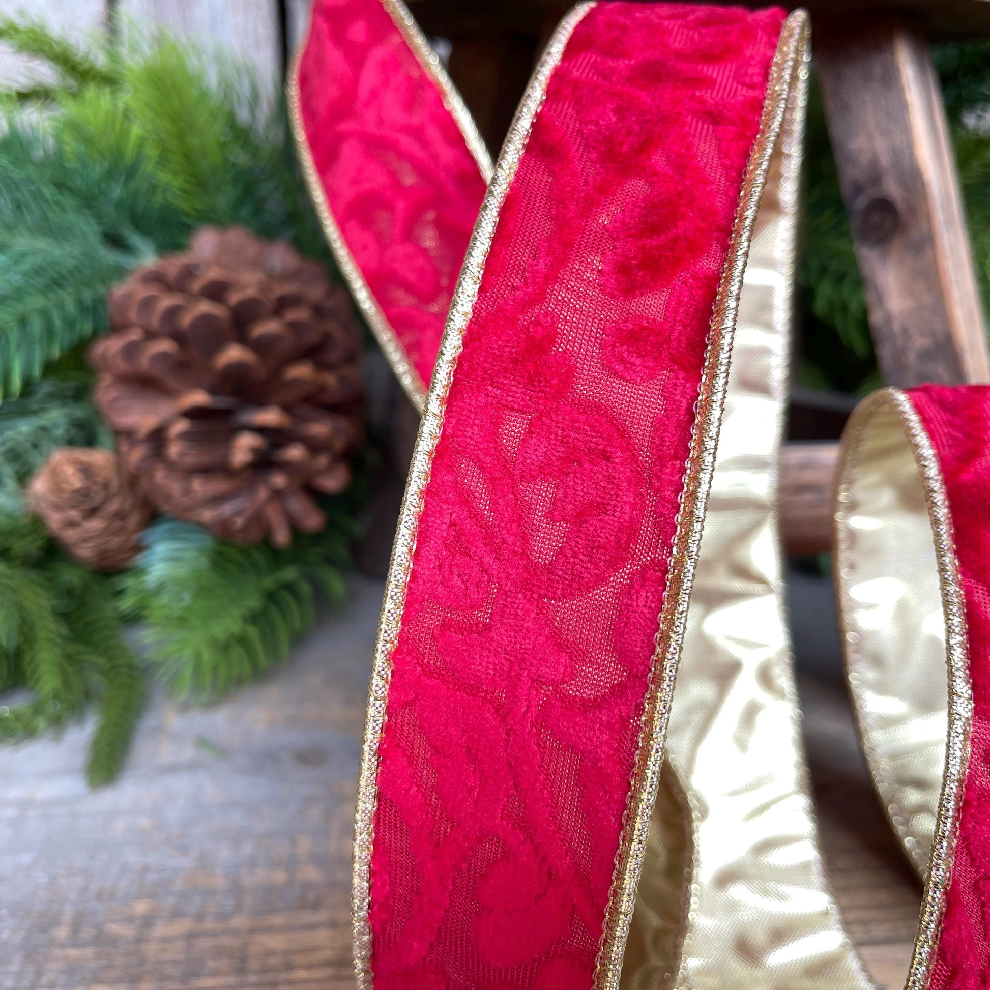 1.5" Red Embossed Velvet Ribbon, Red Ribbon, Christmas Ribbon, Red Velvet Ribbon