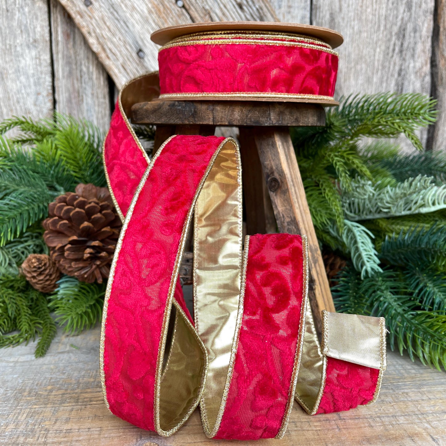 1.5" Red Embossed Velvet Ribbon, Red Ribbon, Christmas Ribbon, Red Velvet Ribbon